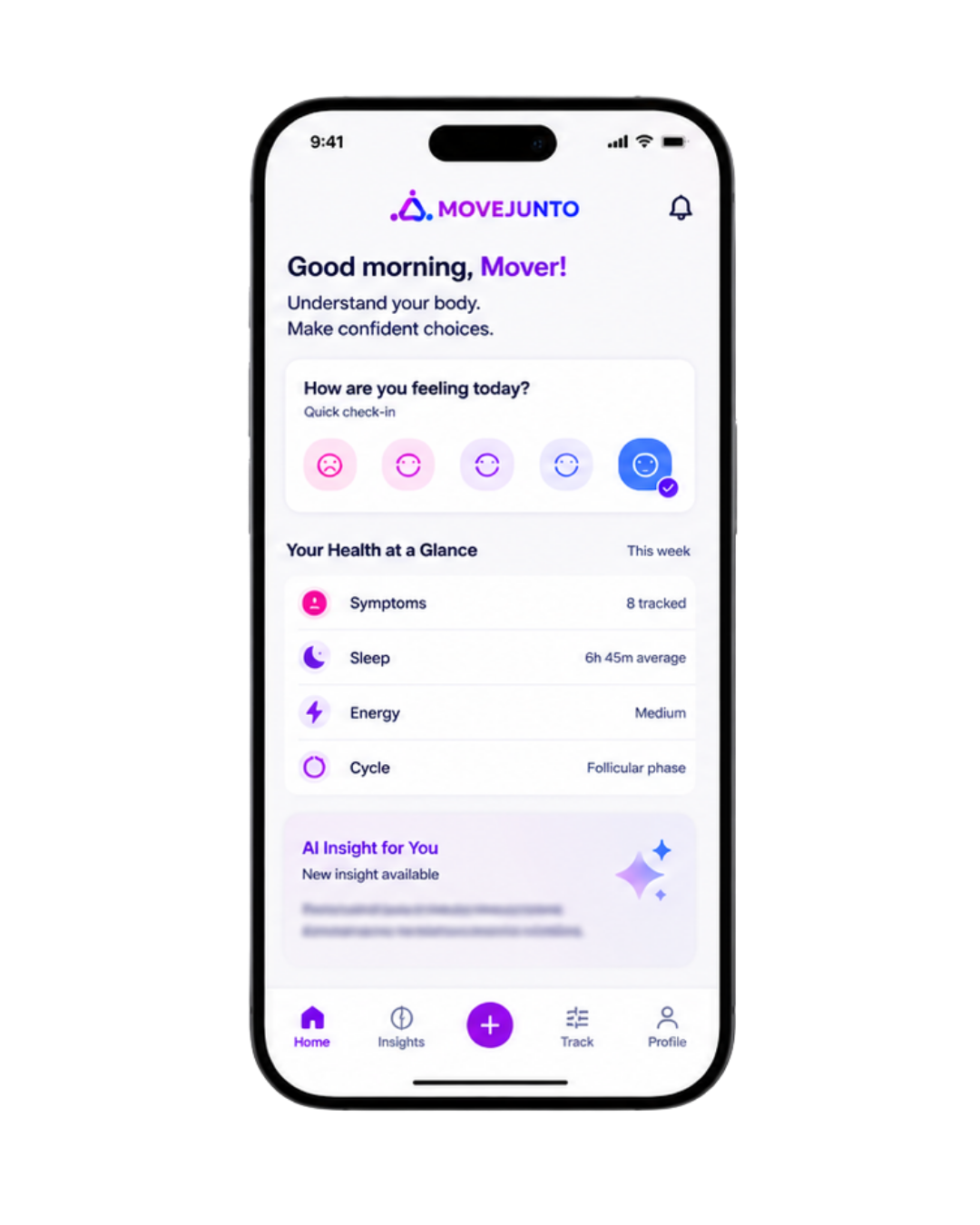 Smartphone screen displaying a health tracking app called MOVEJUNDO, showing a morning greeting, mood check-in options, and health data including symptoms, sleep, energy, and cycle information.