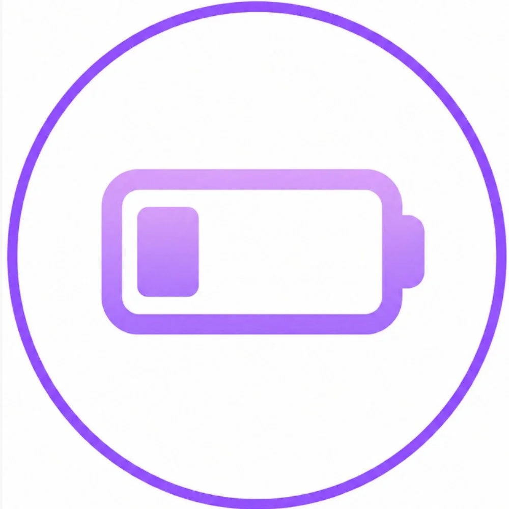 Purple battery icon inside a purple circle.