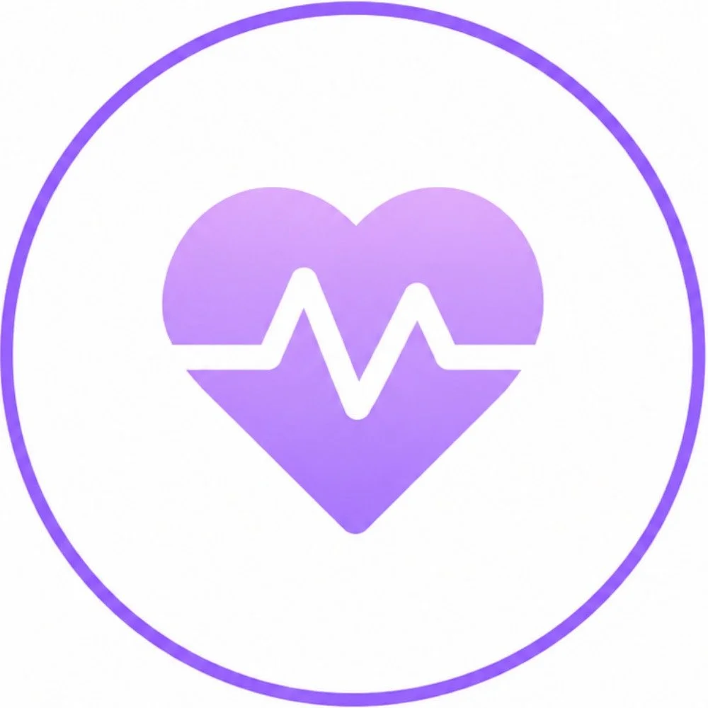 A purple heart with a white electrocardiogram line inside it, encircled by a purple outline.