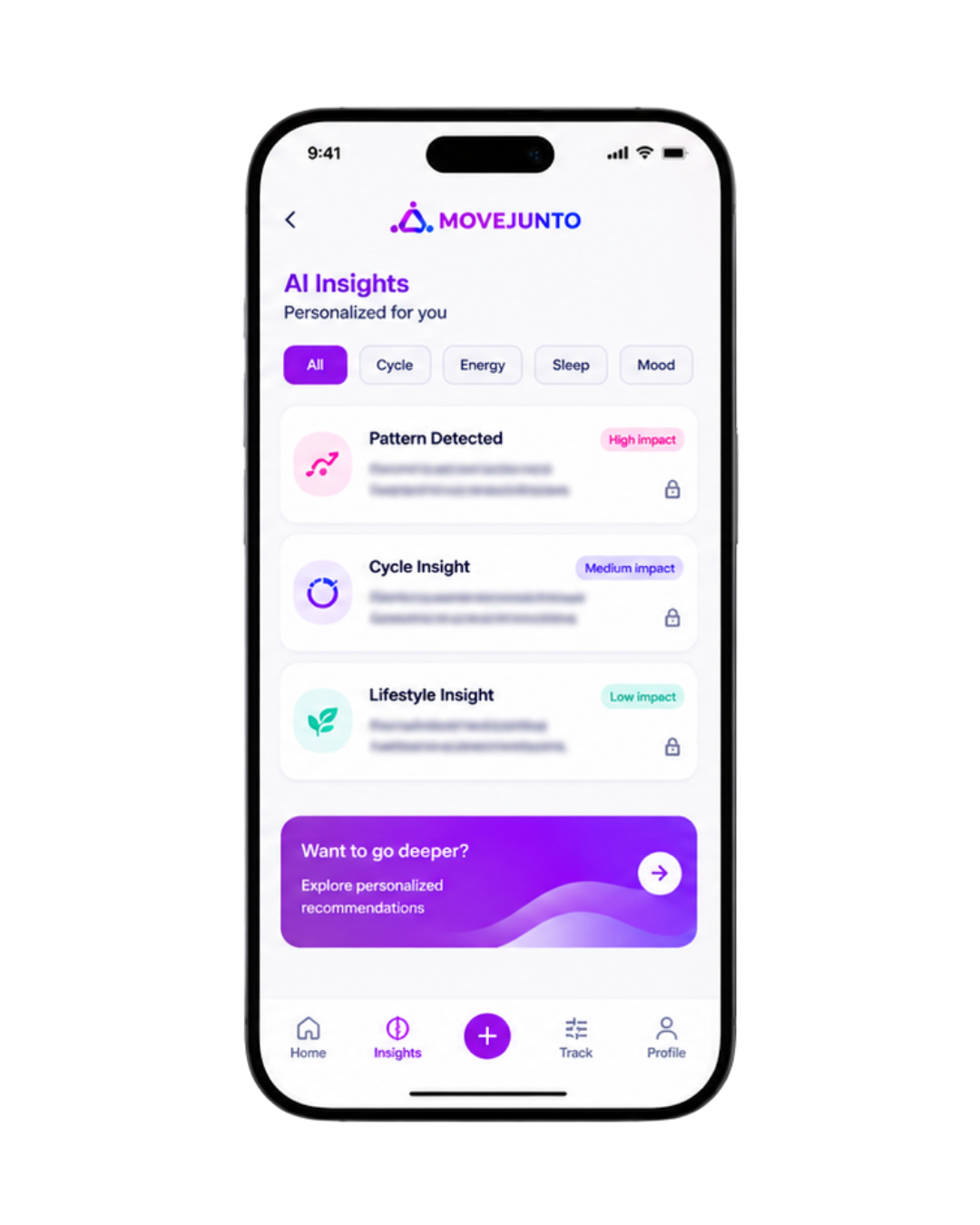 Smartphone screen displaying the MOVEJUNTO app with insights on patterns, cycle, and lifestyle affected by different impacts, along with navigation icons at the bottom.