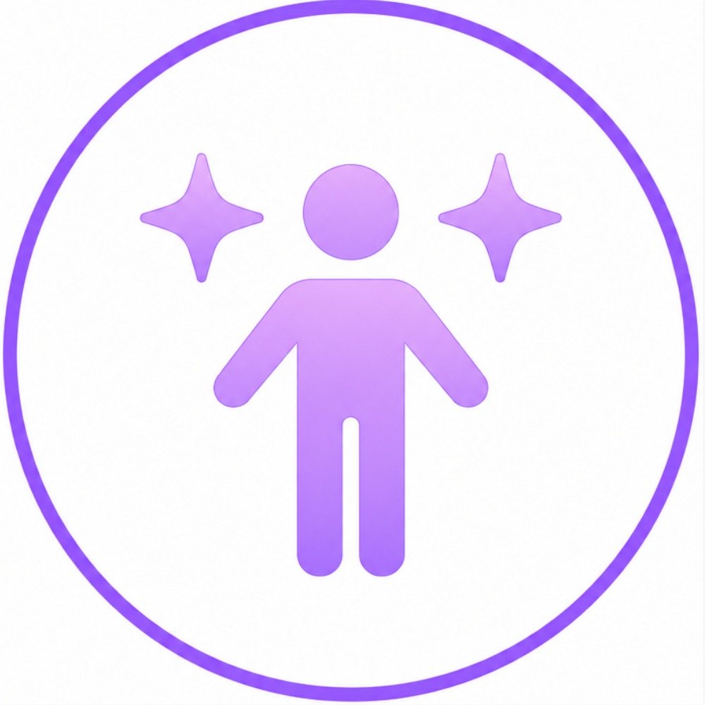 A purple icon of a person with two stars on either side, enclosed by a purple circle.