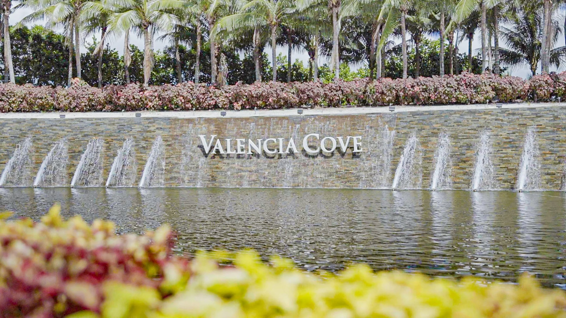 Water fountain feature with the text "Valencia Cove" on a textured stone wall, surrounded by flowering plants and palm trees.