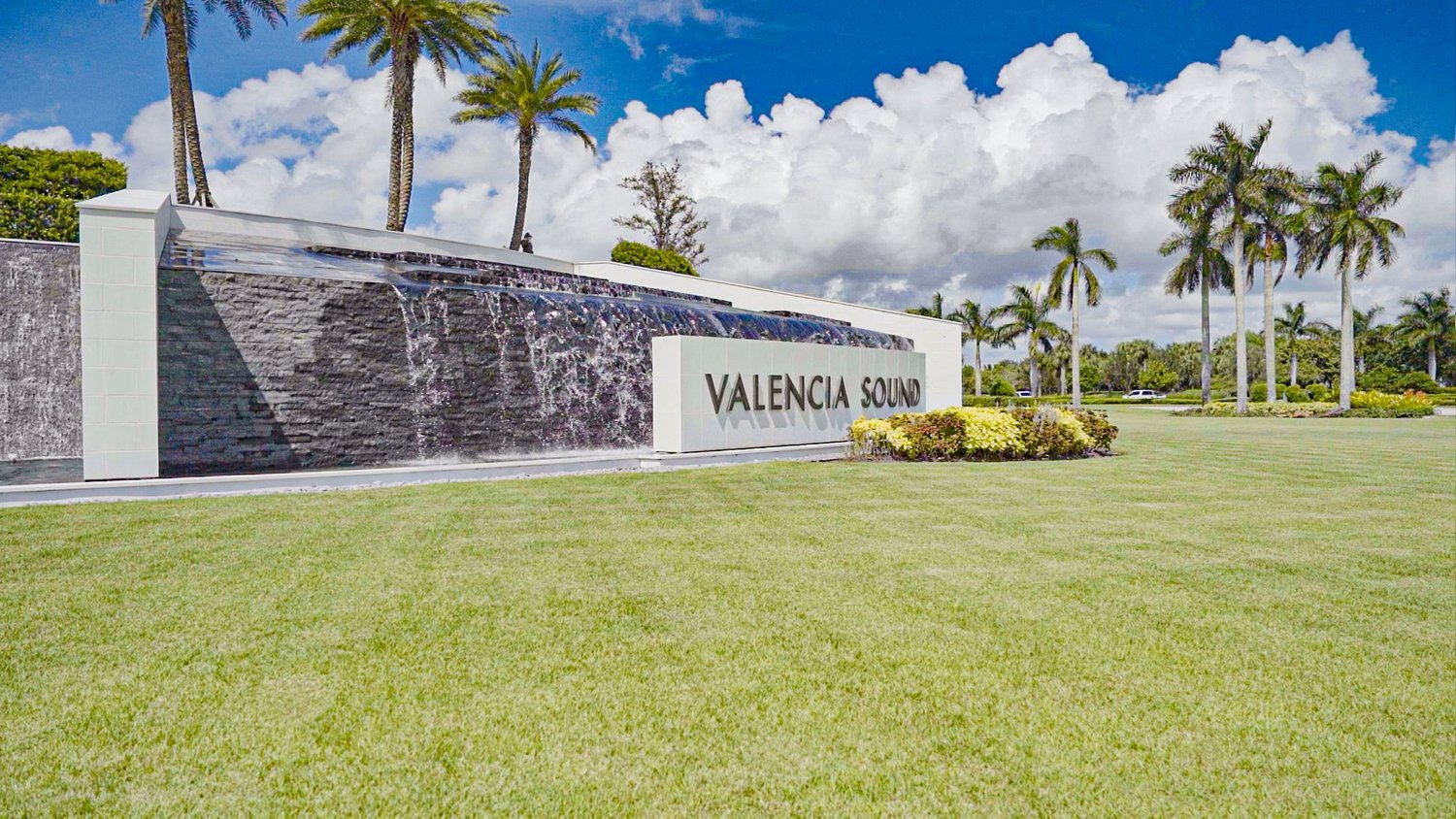 Valencia Sound entrance sign and water feature