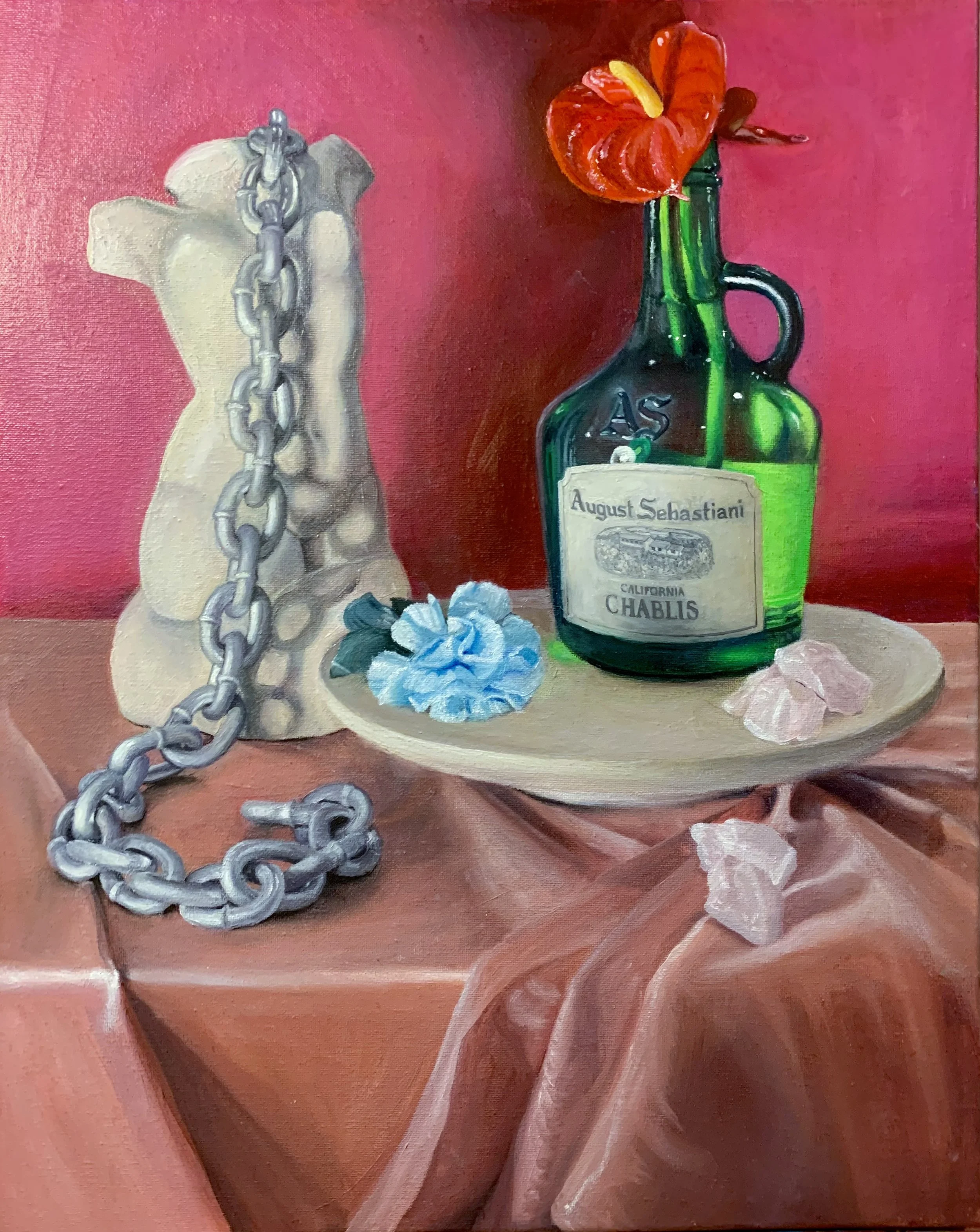 Still Life with Wine, Flowers, and Chains,
Oil on Canvas,
2021