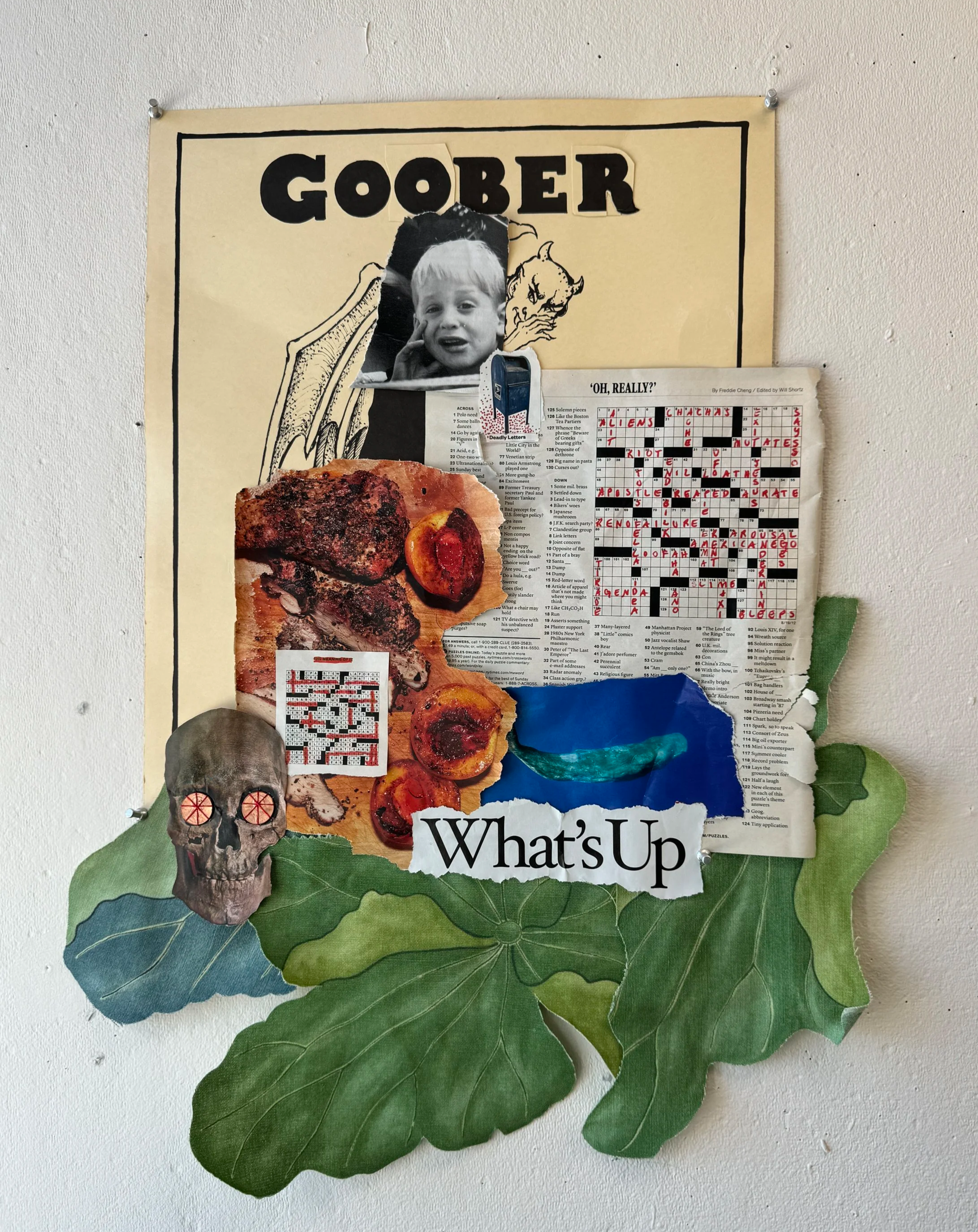 Goober, paper, ink, fabric, marker, embroidery thread, pennies, 2024