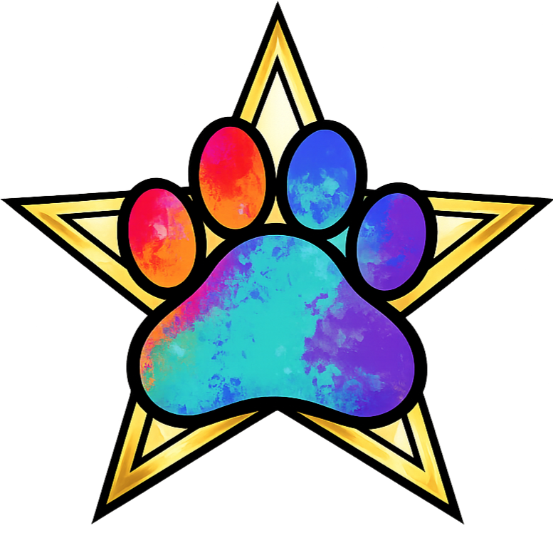 Colorful animal paw print with a gold star outline and black background.