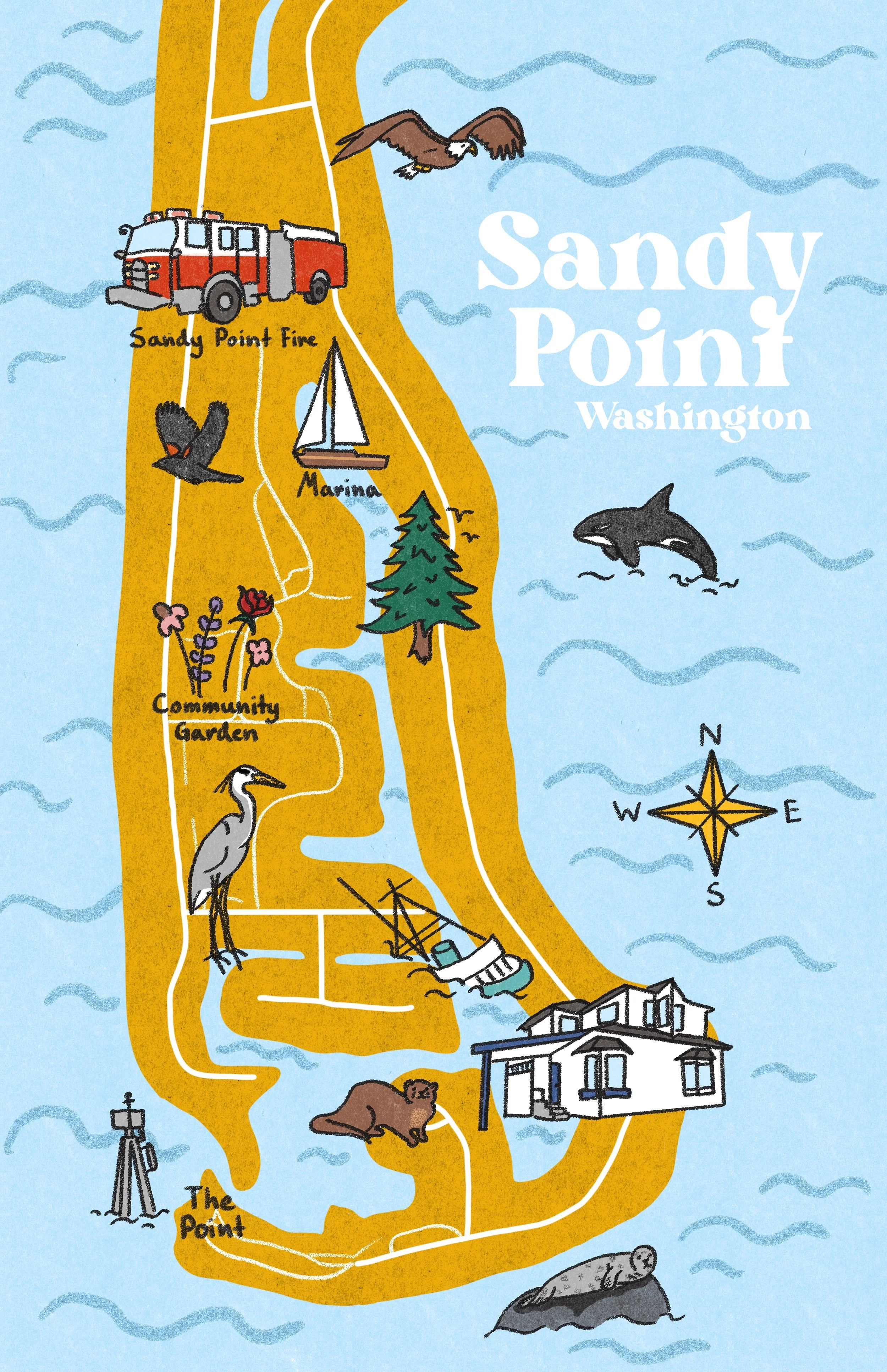 A map of the neighborhood Sandy Point, in Washington. Created for an assignment where we had to make a map of any place we wanted, with at least four labeled landmarks. 11” x 17” Digital Illustration, Class: Illustration 3 - Investigative Methods. Ye