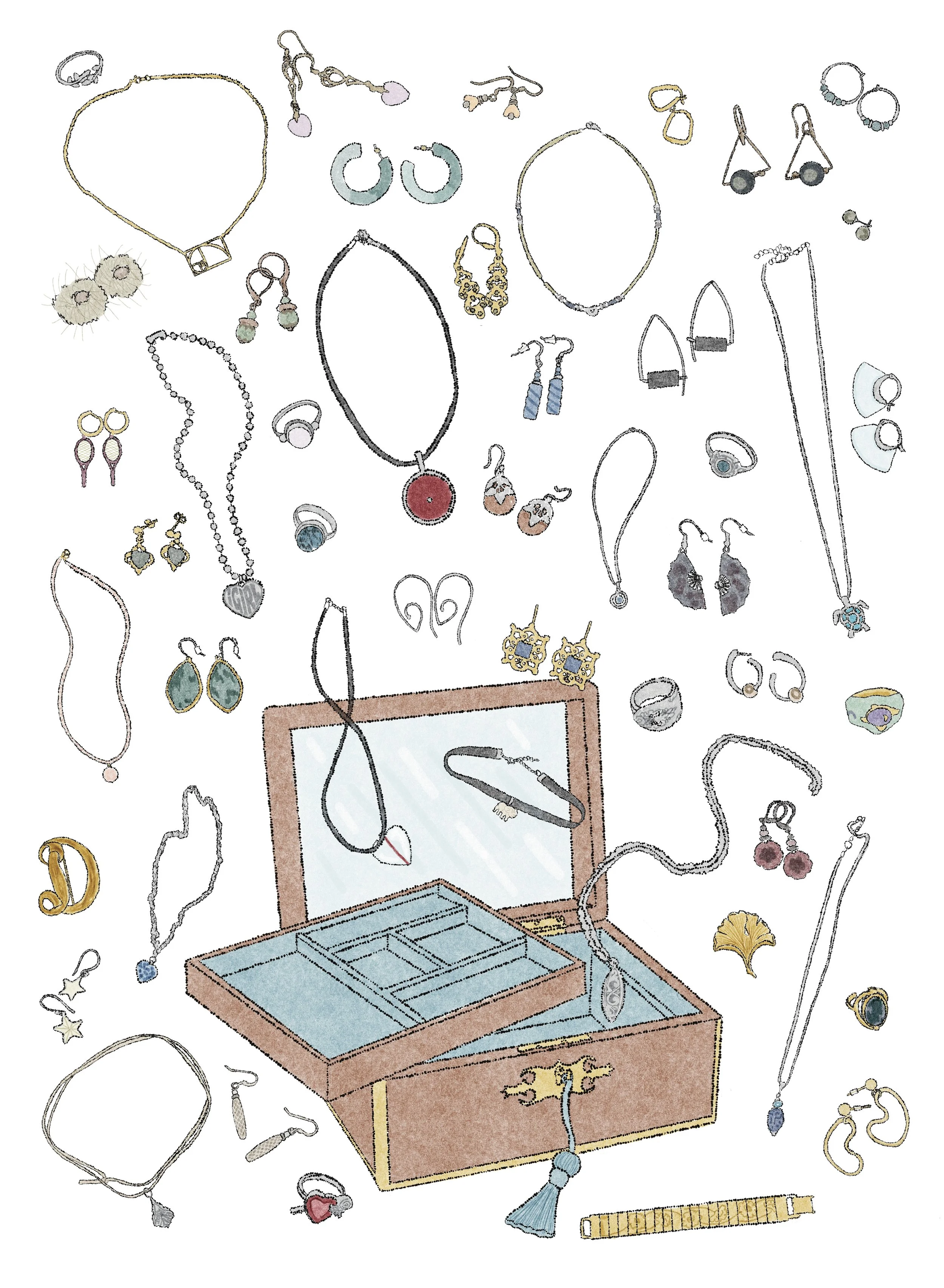 A poster of fifty pieces of jewelry belonging to three generations. Created for an assignment where we had to make a poster of fifty things belonging to the same theme. 22” x 30” Digital Illustration, Class: Illustration 3 - Investigative Methods. Ye