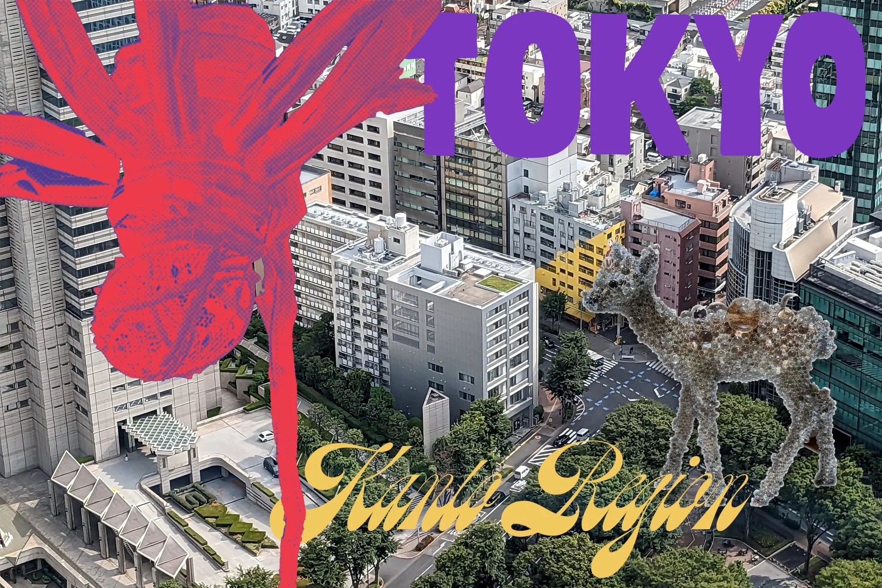 An aerial view of Tokyo city with large, colorful text overlay that reads "TOKYO" and "Kawaii Royal." The image features a decorative, beaded giraffe sculpture and a stylized, pink and purple flower graphic.