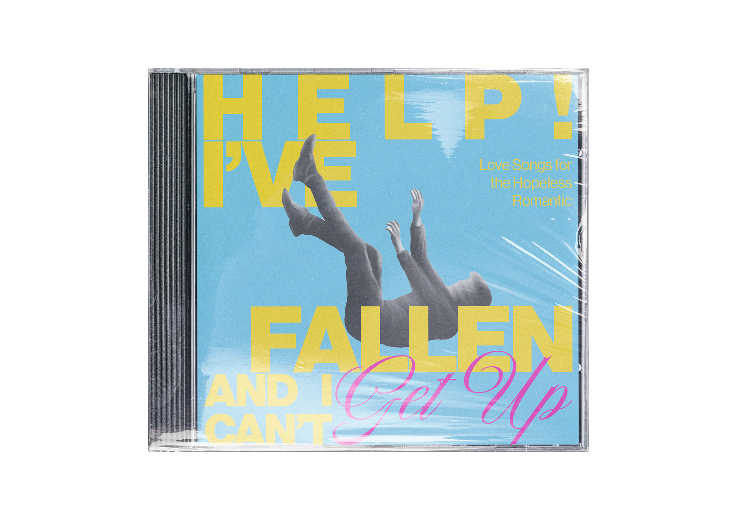 CD cover titled 'Help! I've Fallen and I Can't Get Up' featuring a black and white photo of a person falling against a blue sky background. The text is in large yellow and pink fonts, with additional smaller yellow text reading 'Love Songs for the Hopeless Romantic'.