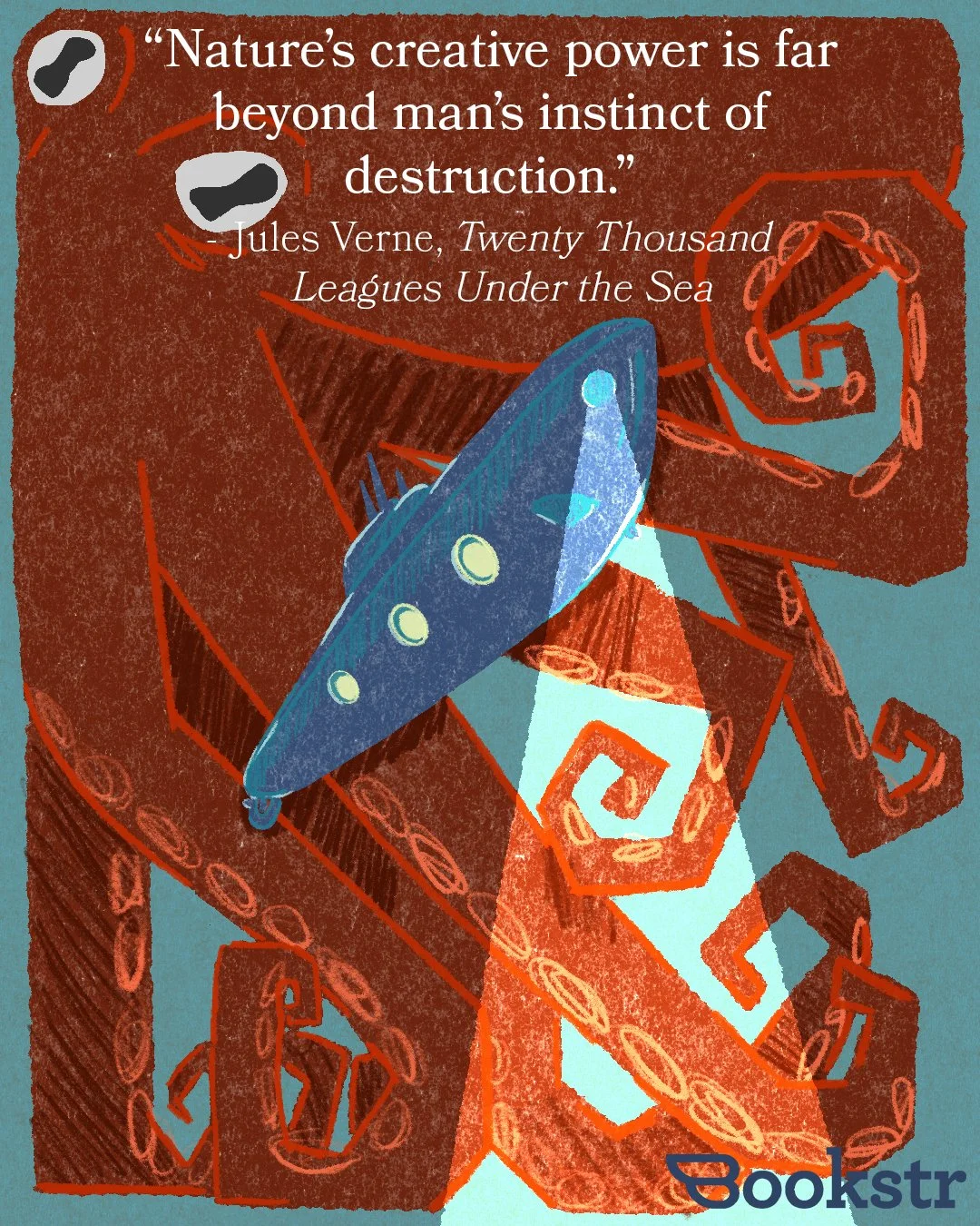 An abstract illustration with a quote by Jules Verne, 'Nature's creative power is far beyond man's instinct of destruction,' over a geometric background featuring a stylized blue whale and a red box with swirling patterns. The bottom right corner displays the Bookstr logo.