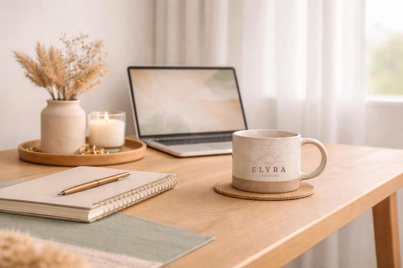 A wooden desk with a beige notebook and pen, a mug labeled 'Elyra Counseling', a laptop, a candle, and a vase with dried flowers, in a softly lit room.