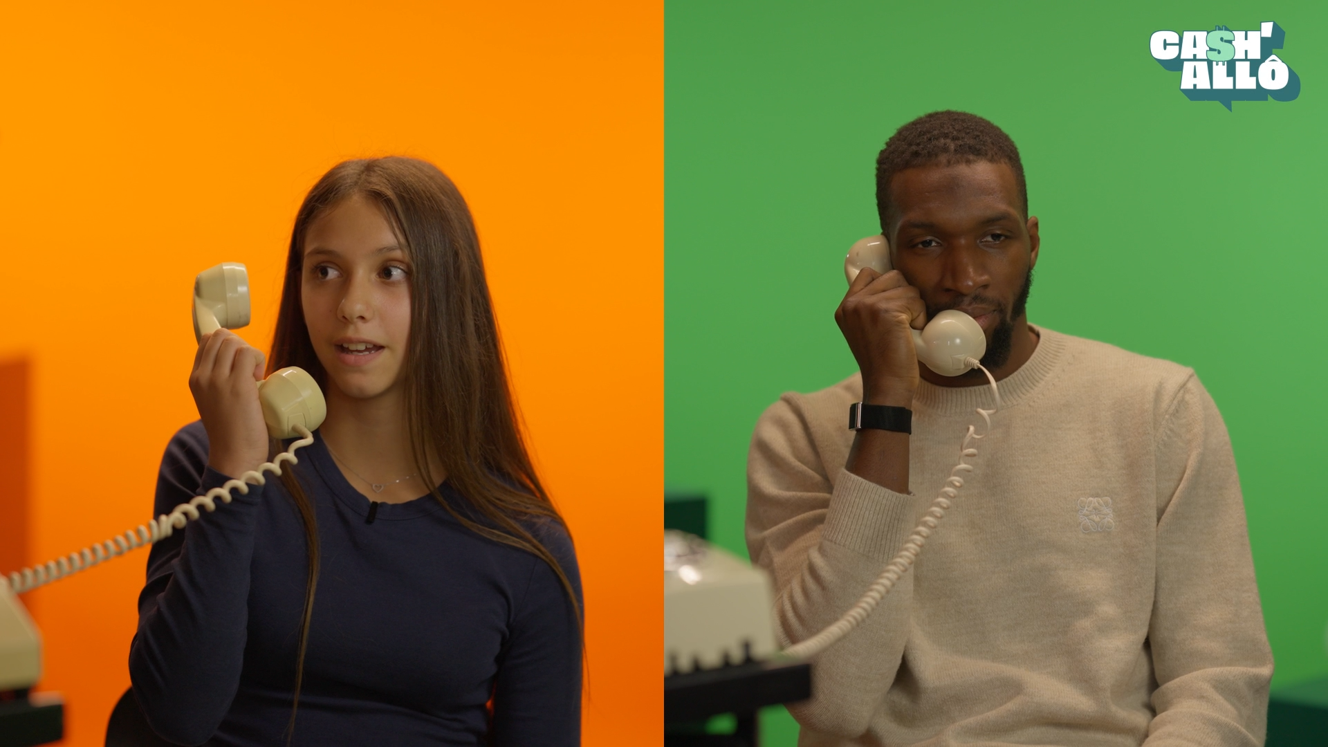 Deux personnes, un adolescent fille et un jeune homme, parlent au téléphone avec des fonds orange et vert.