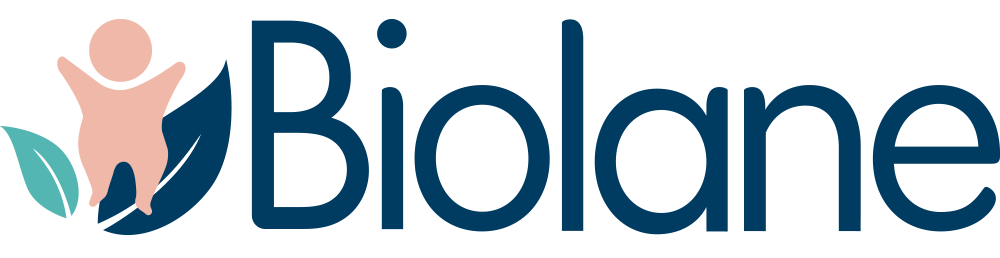 Logo de Biolane avec un dessin d'une poupée ou bébé stylisé, entourée de deux feuilles.