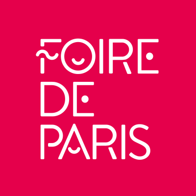 Logo avec le texte 'Foire de Paris' en blanc sur fond rouge, avec des éléments graphiques stylisés intégrés dans les lettres.