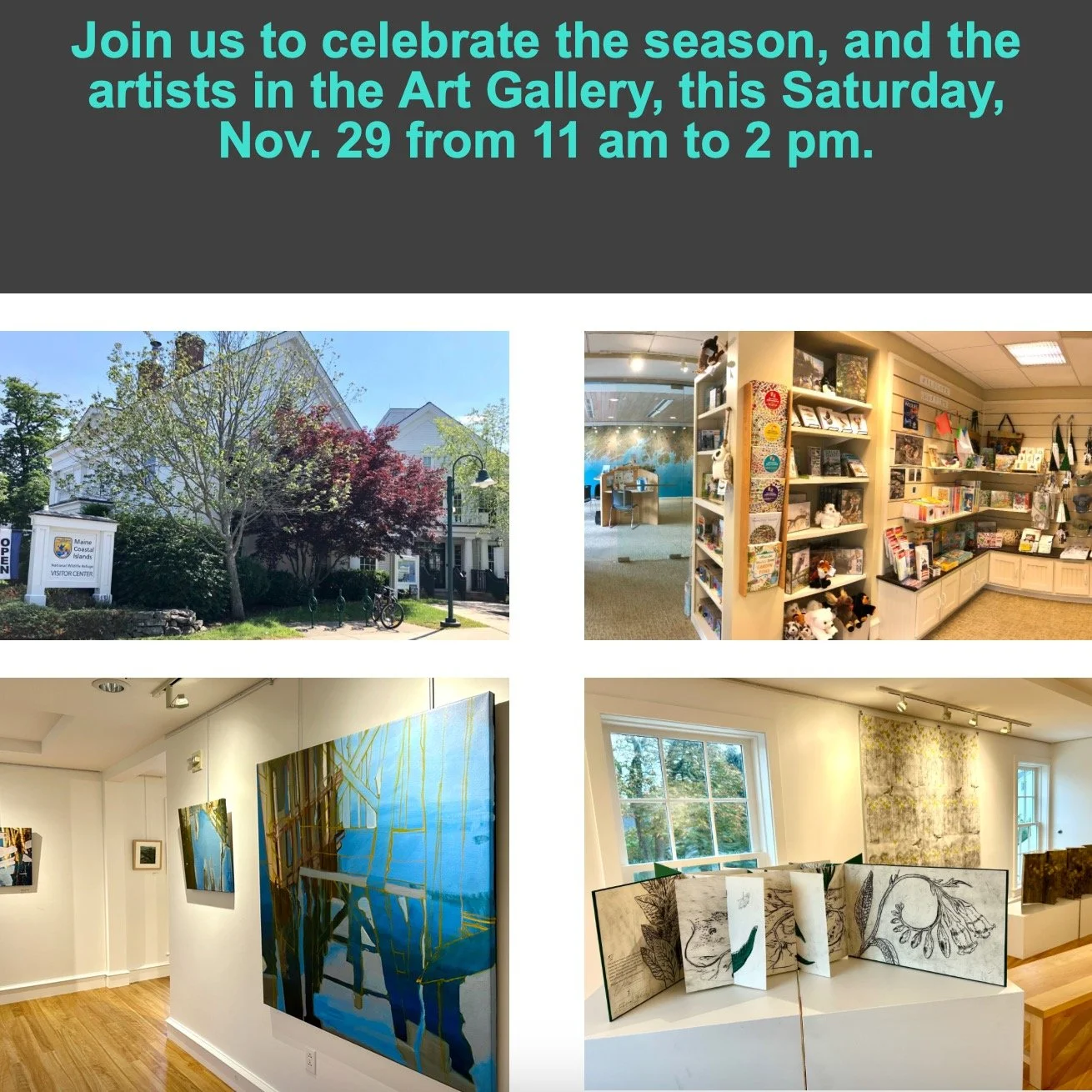 We'll be closed for Thanksgiving and the day after, but come by on Saturday from 11 am to 2 pm! We're celebrating the season, and the artists in the upstairs Art Gallery: Carol Sloane's acrylic paintings and Rebecca Goodale's artist's books.