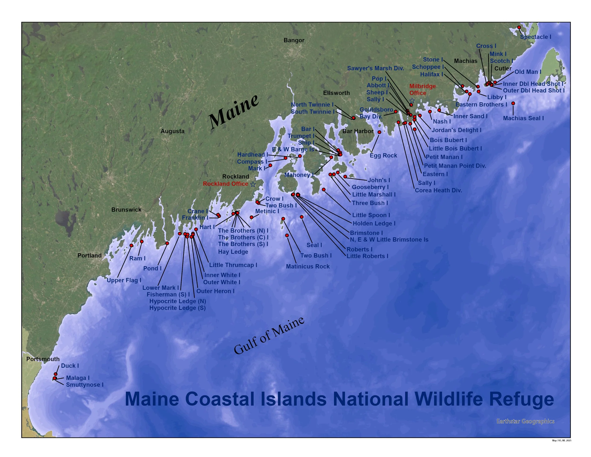Map of Maine coastal islands showing their names and locations within the Maine Coastal Islands National Wildlife Refuge, with labels of landmarks, towns, and water bodies.