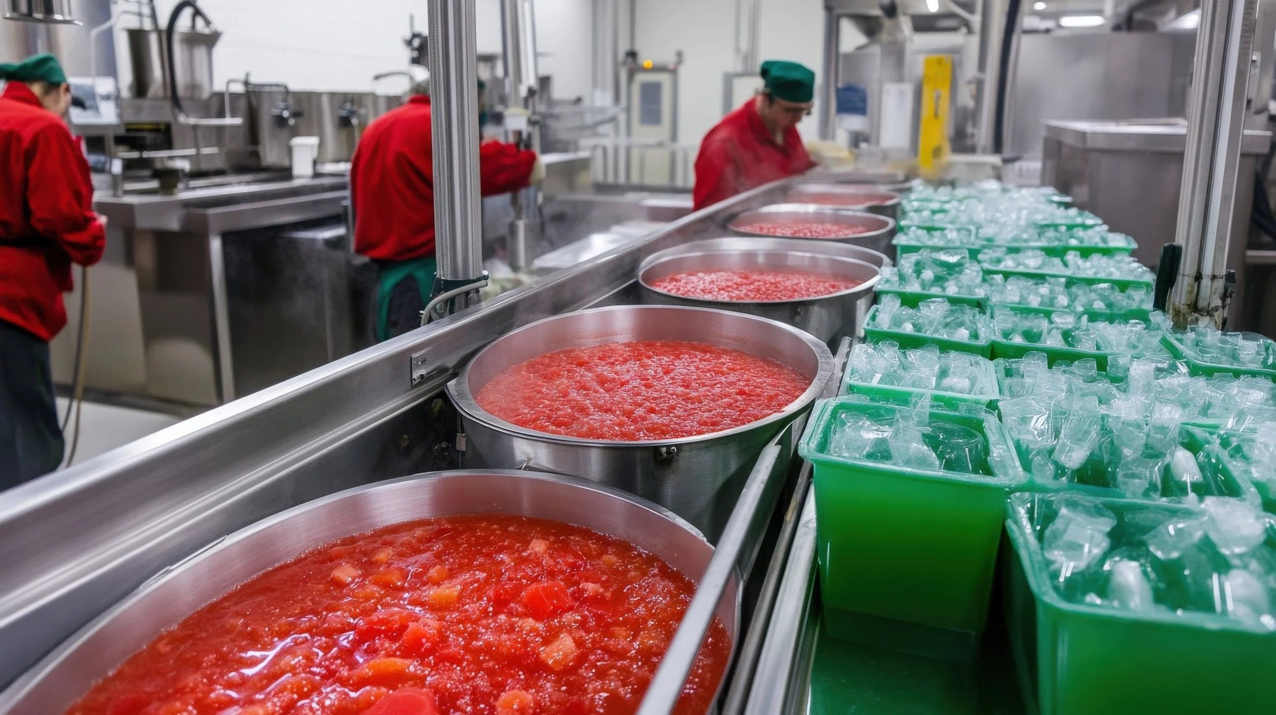 Kitchen with staff preparing food, large pots of tomato-based soup or sauce, and green containers of ice or frozen items on the counter.