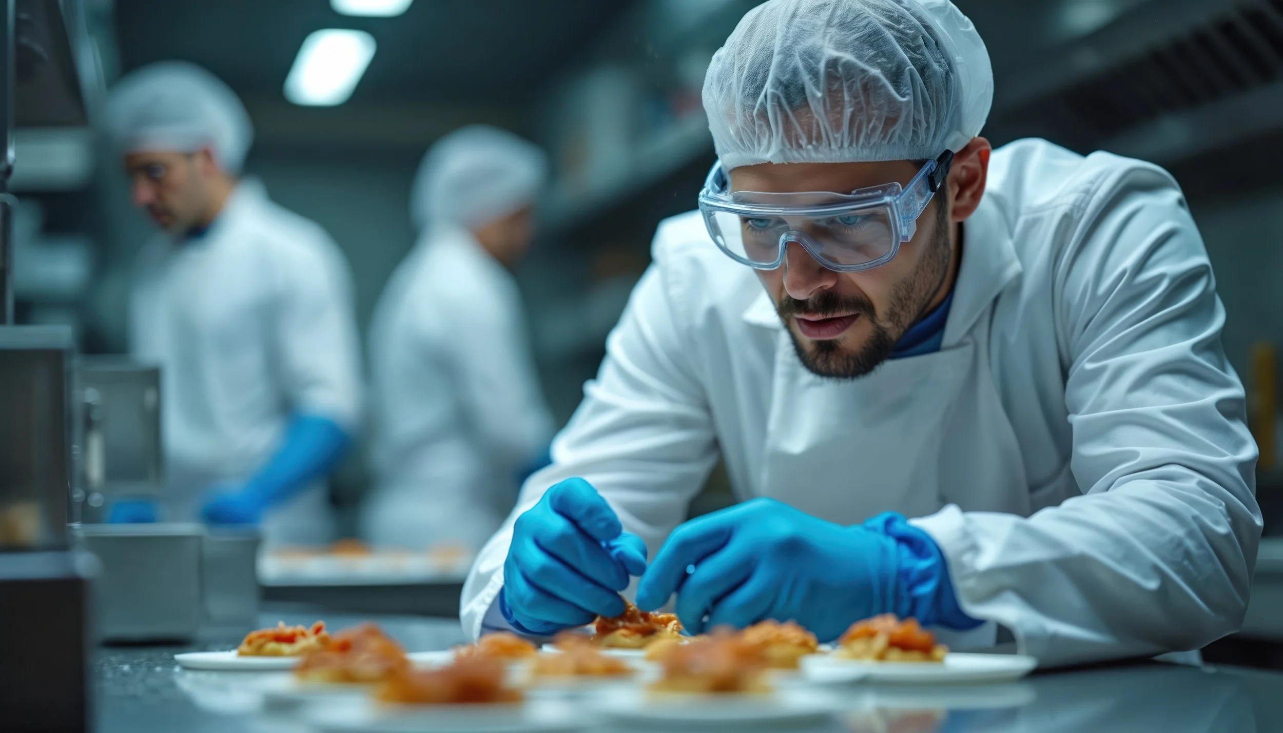 A chef or food scientist wearing protective eyewear, gloves, and a hairnet, inspects and prepares food on plates in a professional kitchen.