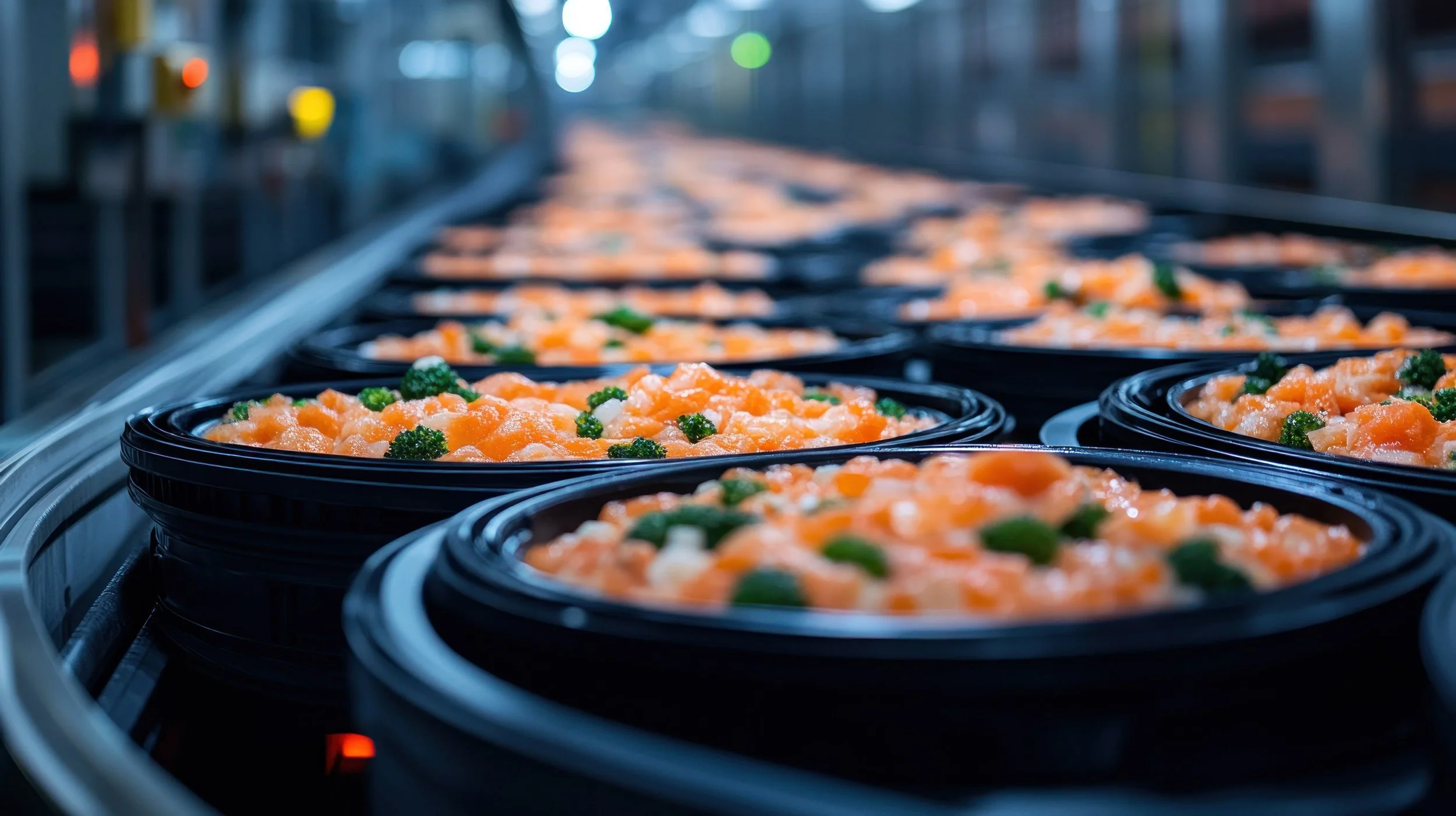 Multiple black trays filled with cooked diced carrots and peas on a conveyor belt in an industrial kitchen or food processing facility.