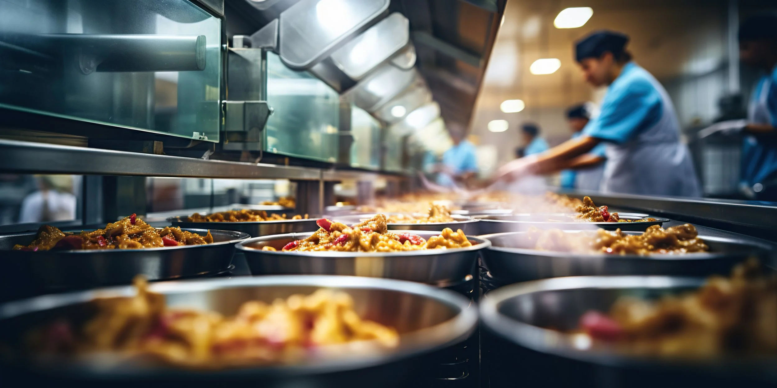 Chef preparing meals in a commercial kitchen with trays of cooked food in the foreground.