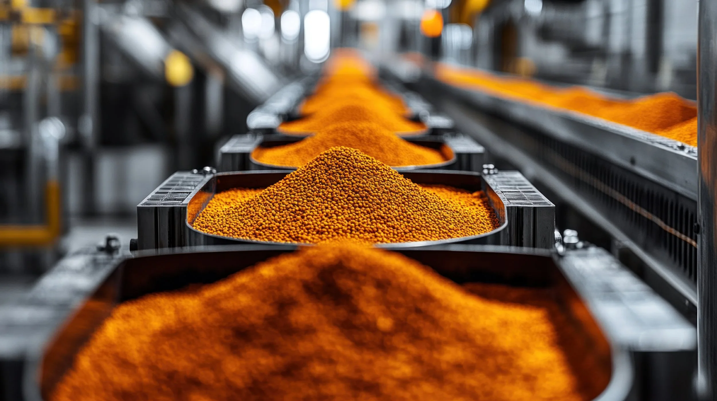 Conveyor belts with herbs and spices in an industrial setting.