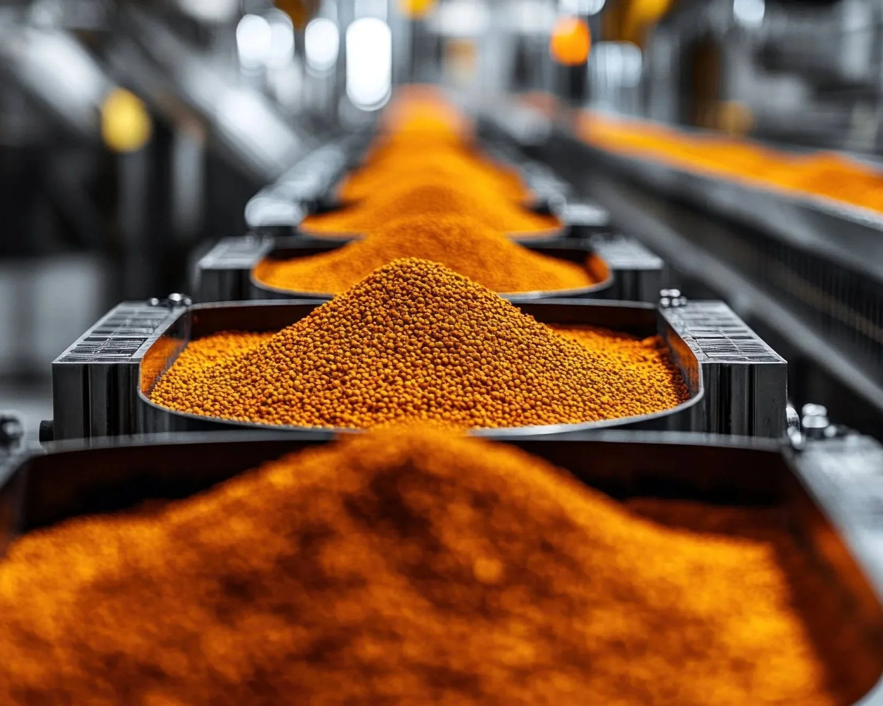 Rows of orange spices or small grains in black containers on an industrial conveyor belt.
