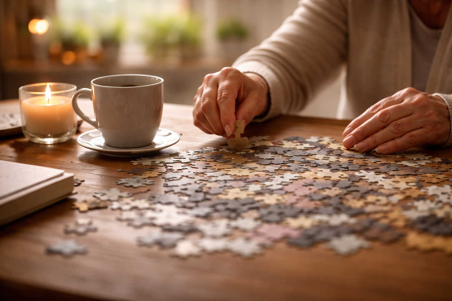 A person completing a jigsaw puzzle on a wooden table, with a lit candle, a cup of coffee, and a book nearby.