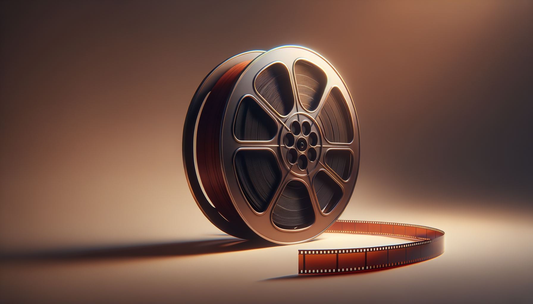 A metallic film reel with a strip of film unspooling on a neutral background.