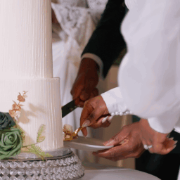 A person in a white shirt cutting a wedding cake with a knife at a celebration.
