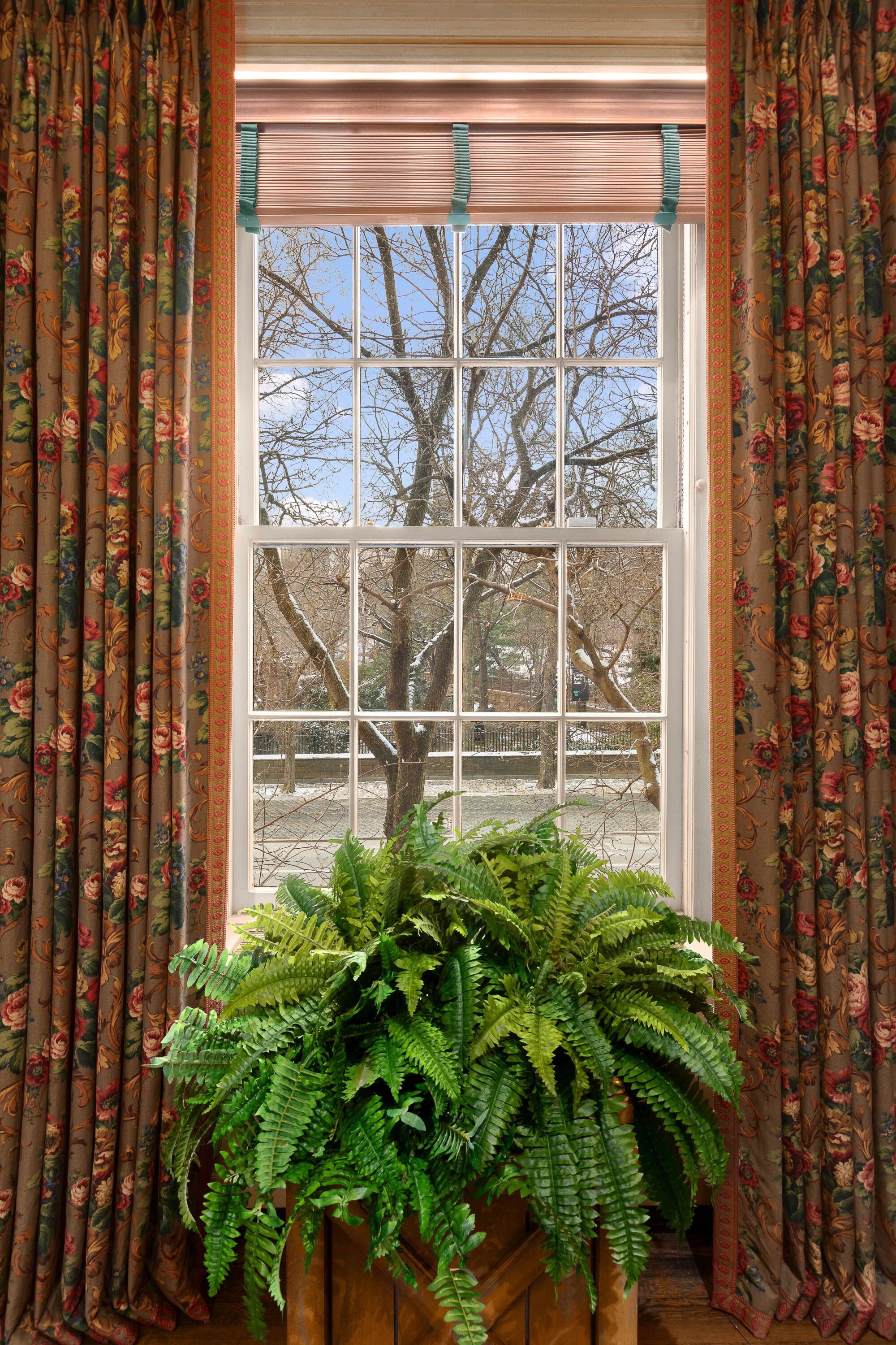 A window with beige blinds and floral curtains, with a green fern in a wooden pot on the windowsill showing a view of a leafless tree and a snowy yard outside.