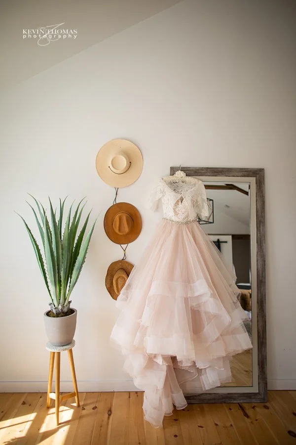 A blush pink wedding dress hanging on a full-length mirror in a room. To the left, a potted aloe vera plant is on a wooden stand, and three straw hats are hanging on the white wall.