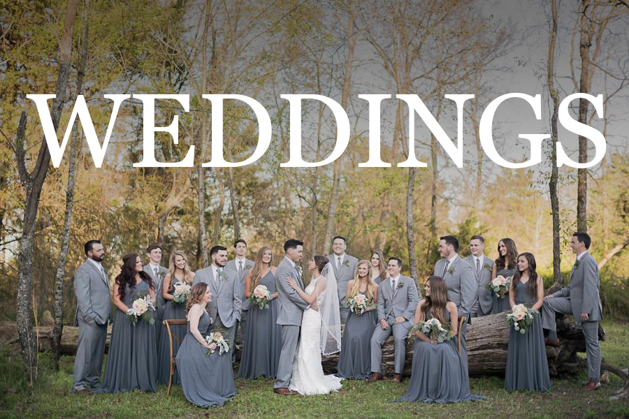 A wedding party outdoors in a forested area, with a bride and groom in the center, surrounded by bridesmaids and groomsmen. The wedding party is dressed in matching grey attire, with the bridesmaids holding bouquets. The background features trees and
