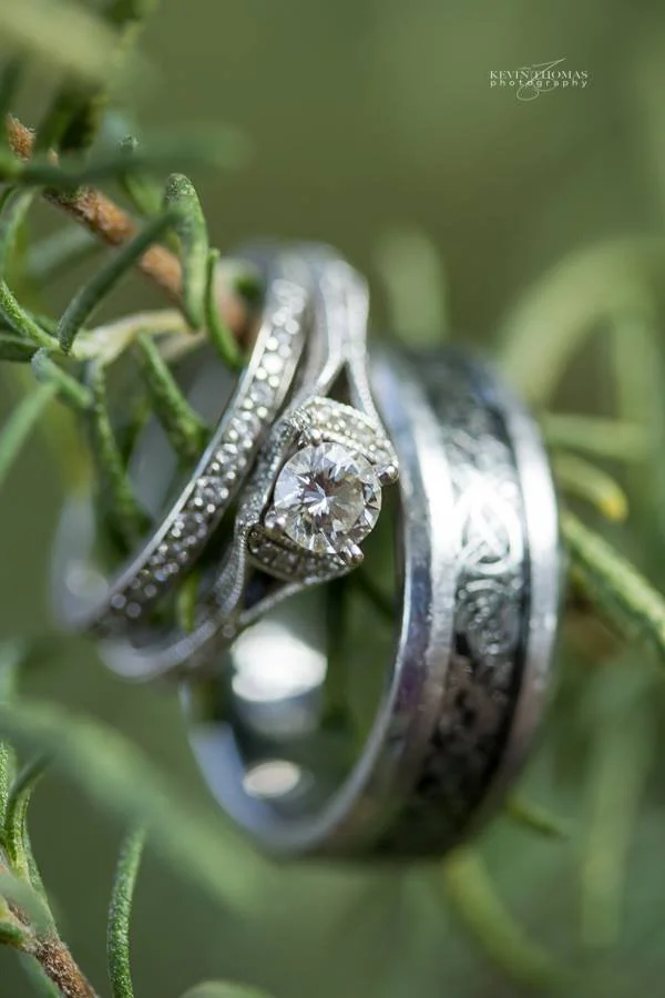 Close-up of three silver rings with intricate designs, including one with a large central diamond, resting on green plant stems.