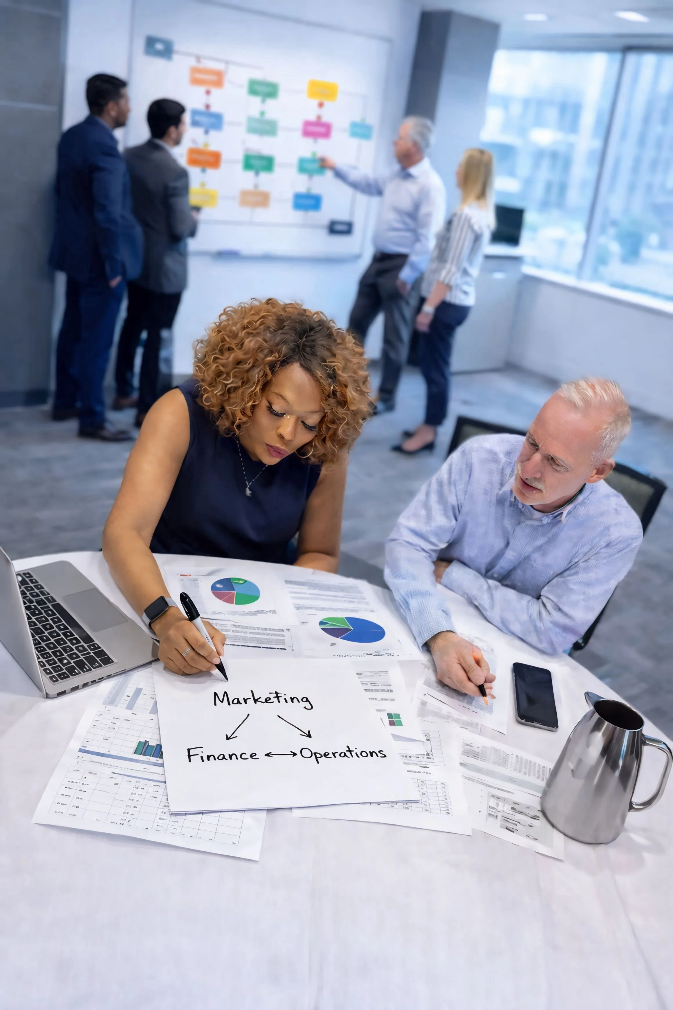 Two professionals, featuring Gabrielle Young, are sitting at a desk covered with documents and a laptop, discussing marketing, finance, and operations, while a group of colleagues stand in the background near a whiteboard with a flowchart.