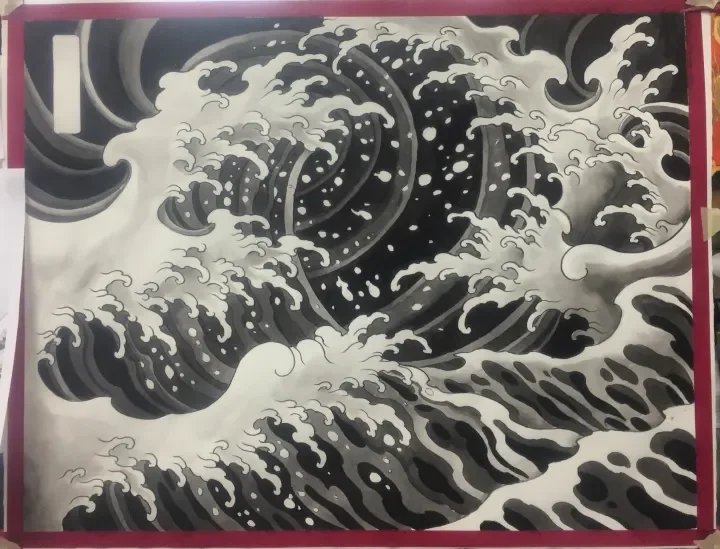 Black and white illustration of turbulent ocean waves crashing, inspired by 'The Great Wave off Kanagawa' artwork.