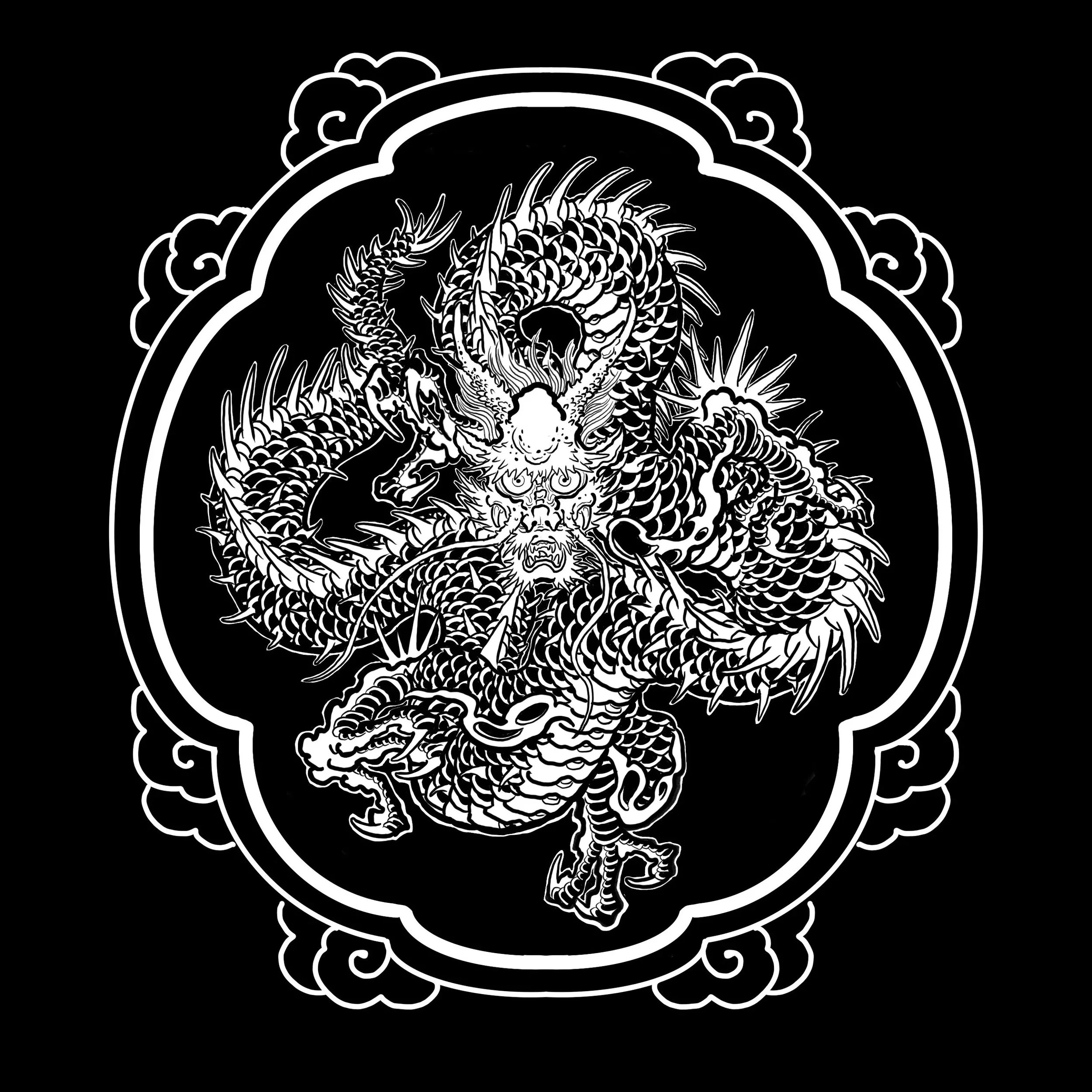 Black and white illustration of a fierce dragon with intricate scales, horns, and claws, enclosed by a decorative cloud-shaped border.