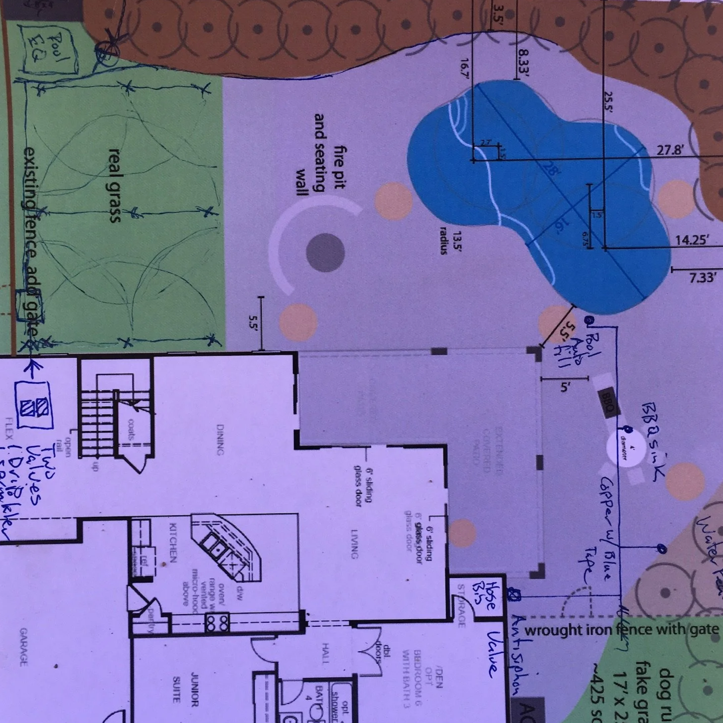 Architectural plan of a house with annotations and measurements, showing outdoor landscaping features like a grass area, a patio with a fire pit and seating wall, and a pond. Swimming pool design and layout design for a client.