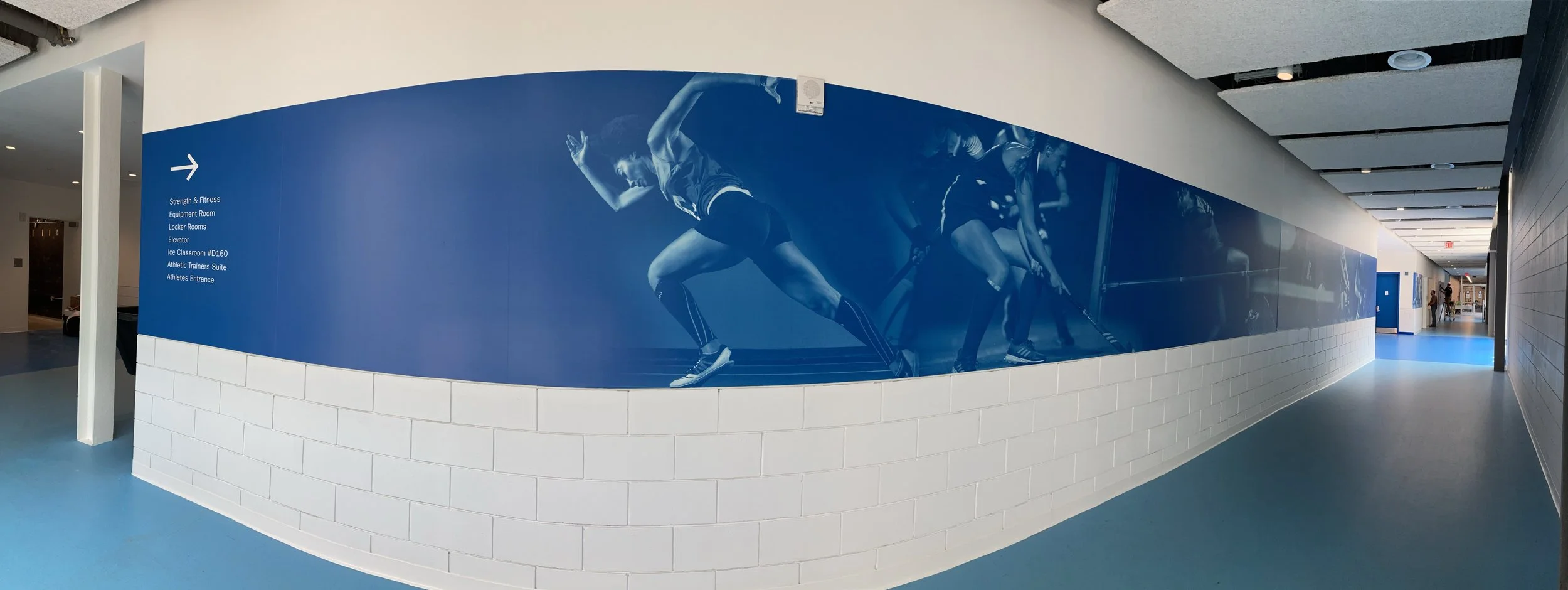 Indoor hallway with a large blue mural of athletes in action on the curved wall, featuring a runner, a cyclist, and a swimmer. White brick lower wall and a blue floor.