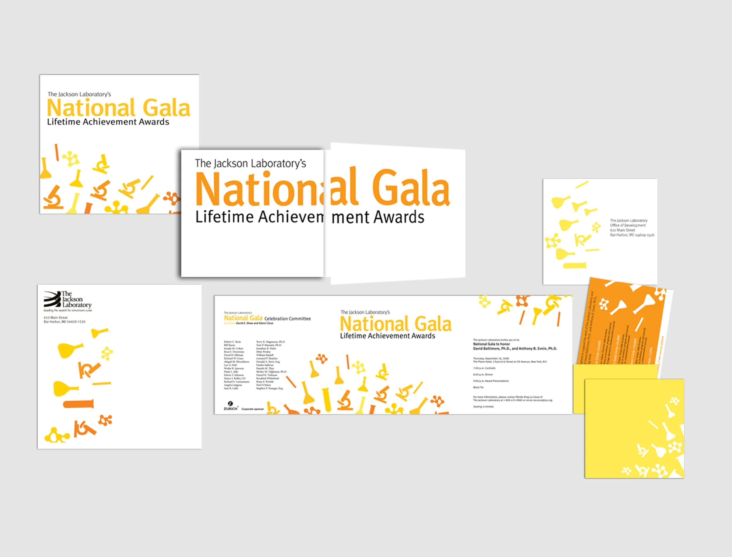 Collection of printed materials and invitations related to the Jackson Laboratory's National Gala, with themes of awards and achievements, featuring orange, yellow, and white colors, and laboratory-themed illustrations.