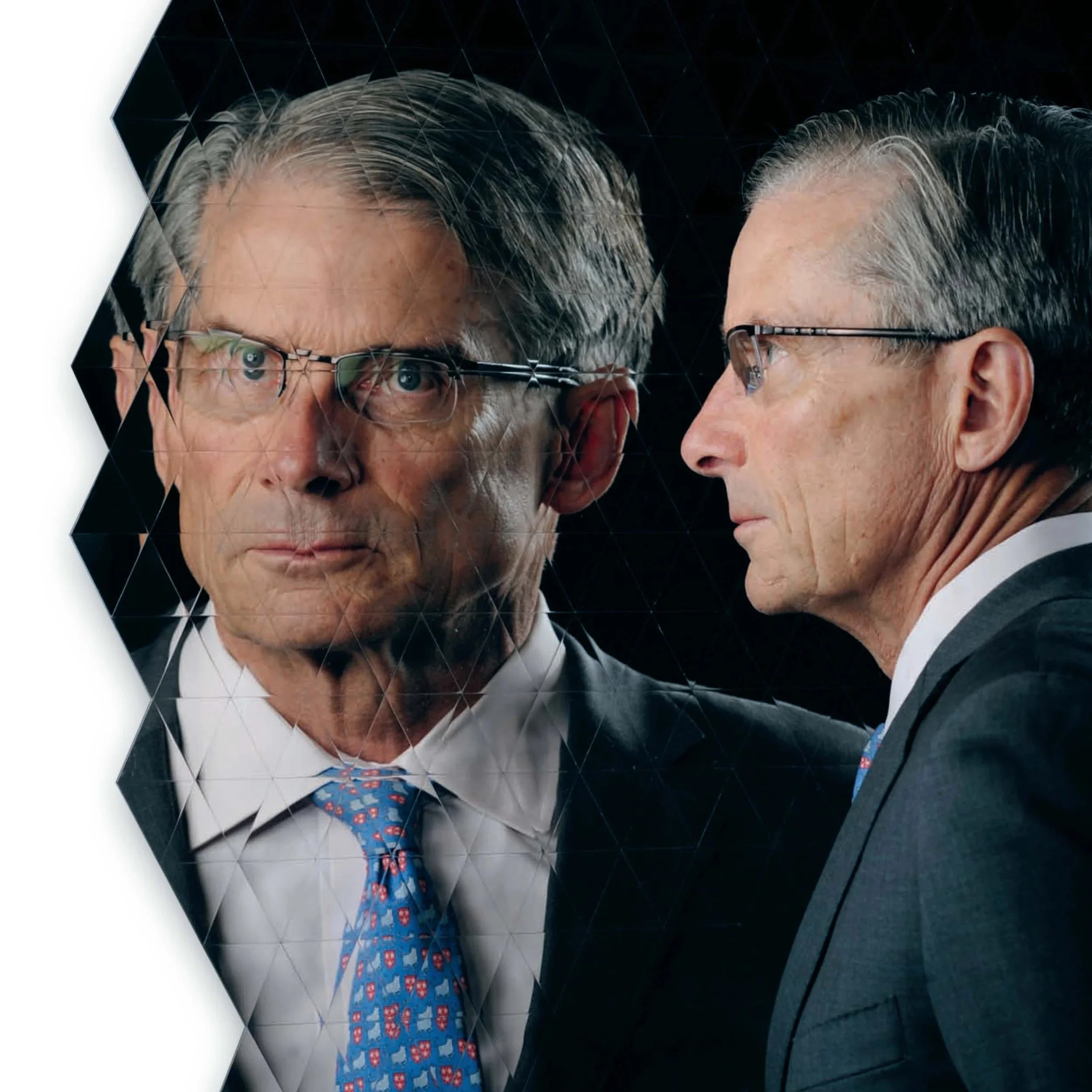 An image of William "Bro" Adams viewed frontally through a reflection in "Untitled, 2010" by Anish Kapoor. Mr. Adams is in profile facing his reflection. He is wearing a suit and glasses.