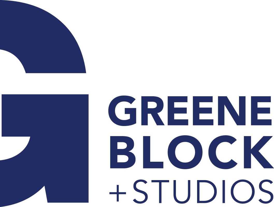 Logo with a large stylized letter 'G' and text that reads 'Greene Block + Studios'.