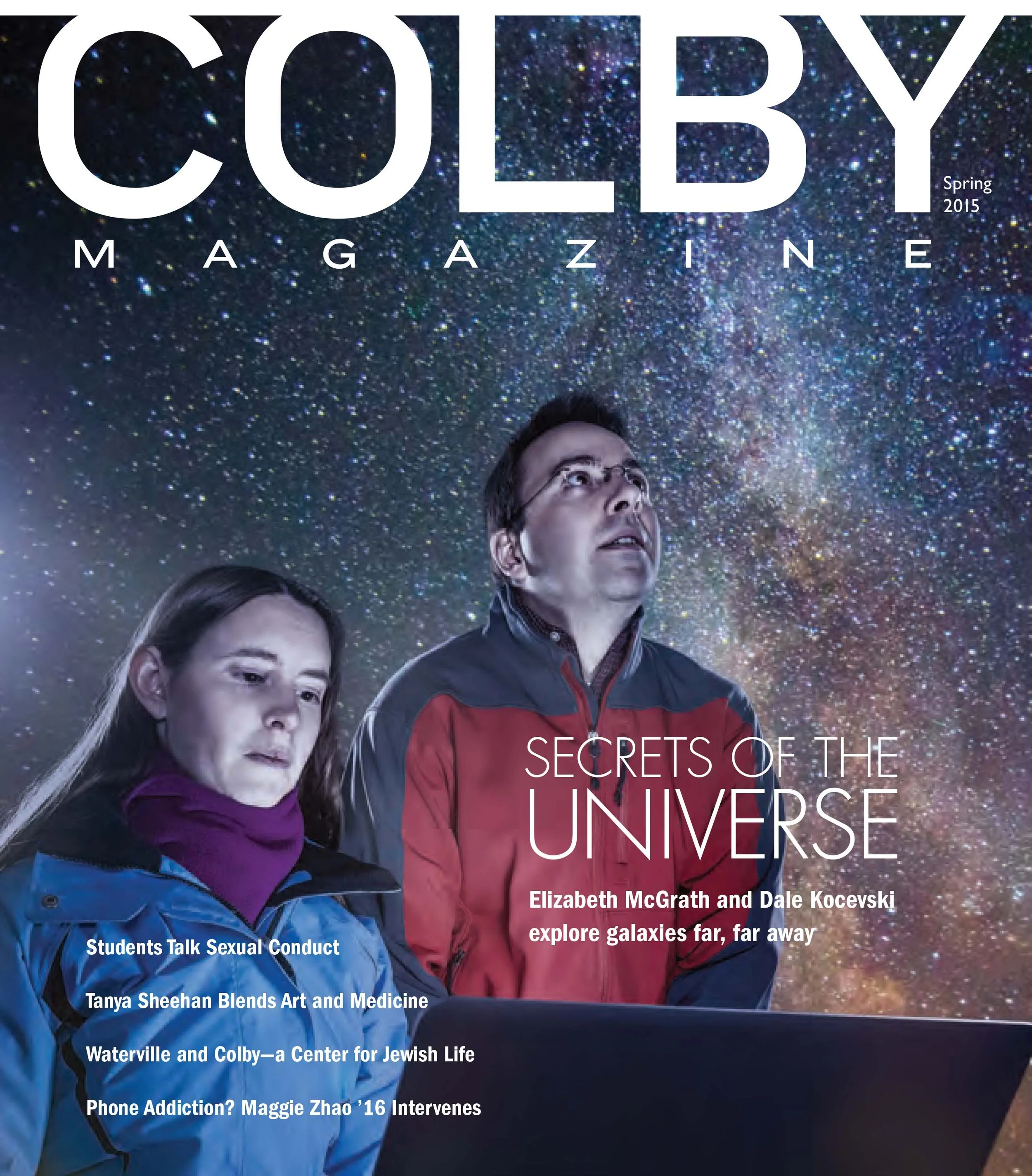 A magazine cover titled "Colby Magazine Spring 2015" featuring Elizabeth McGrath and Dale Kocevski looking up at a star-filled night sky with the Milky Way galaxy visible.