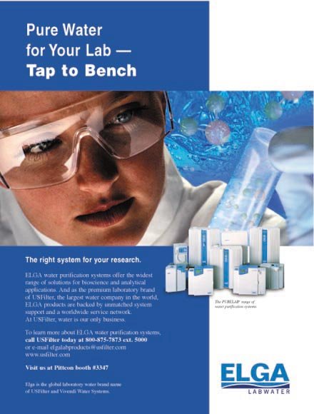 Brochure advertising ELGA water purification systems for lab use, featuring a scientist with protective goggles and an image of lab equipment and water testing visuals.