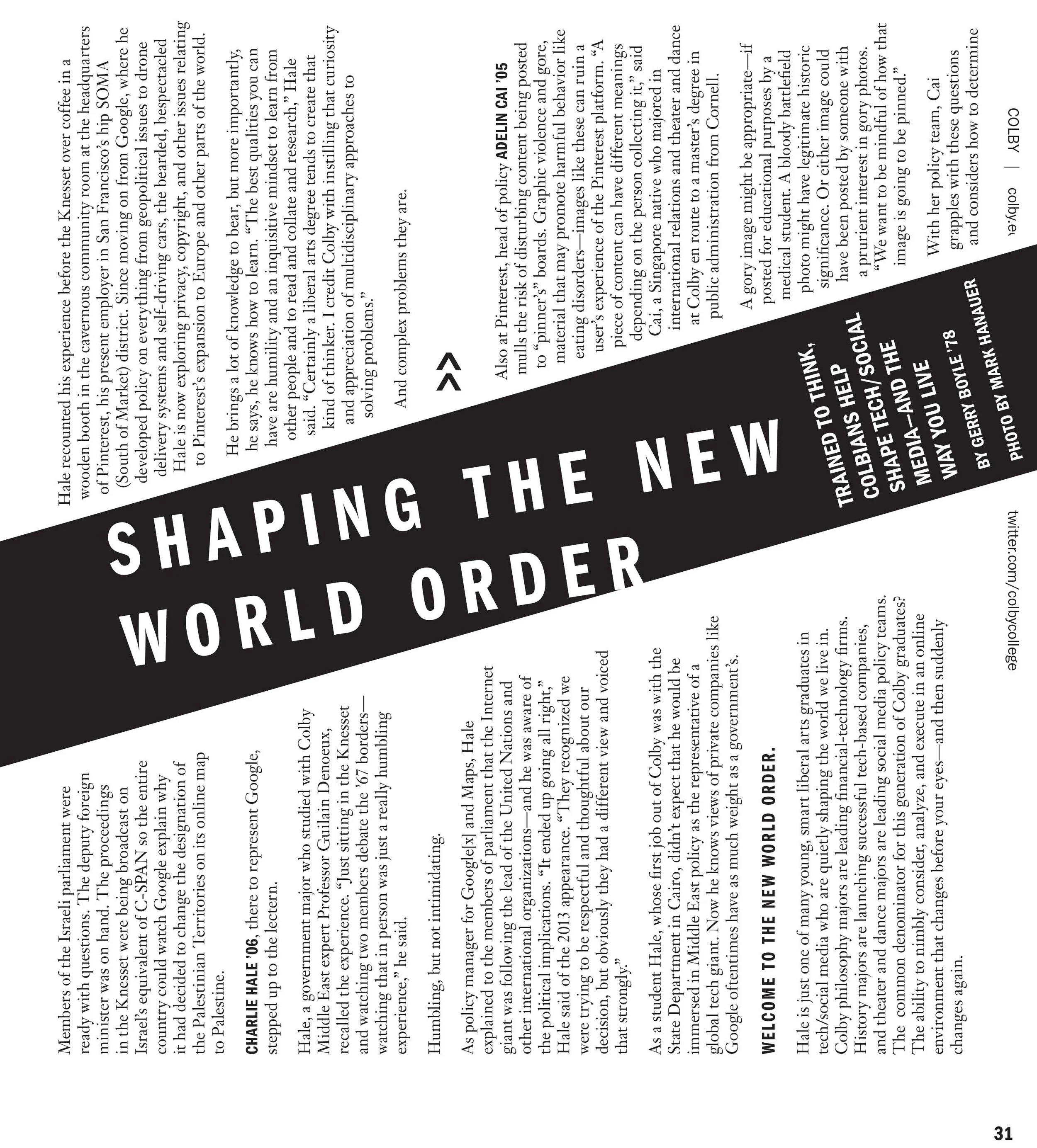 Page from a magazine or newspaper with an article titled 'Shaping the New World Order.' The page features columns of text, with a black diagonal banner in the center displaying the title in bold white letters, and mentions a photo by Gerry Boyle. The
