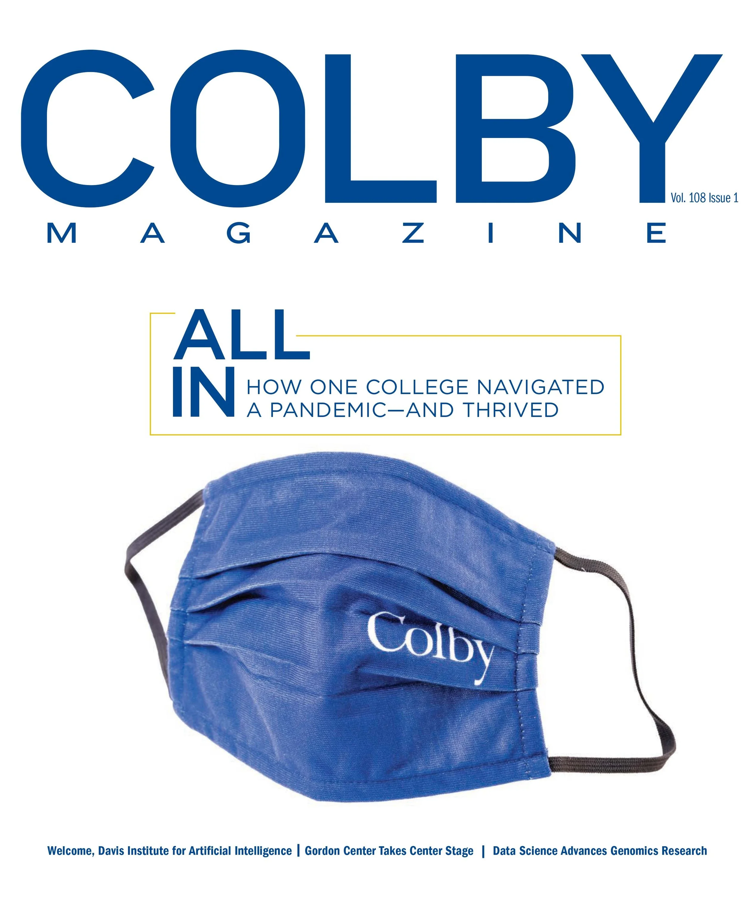 Cover of Colby Magazine featuring a blue face mask with Colby logo and headline about navigating college during a pandemic.