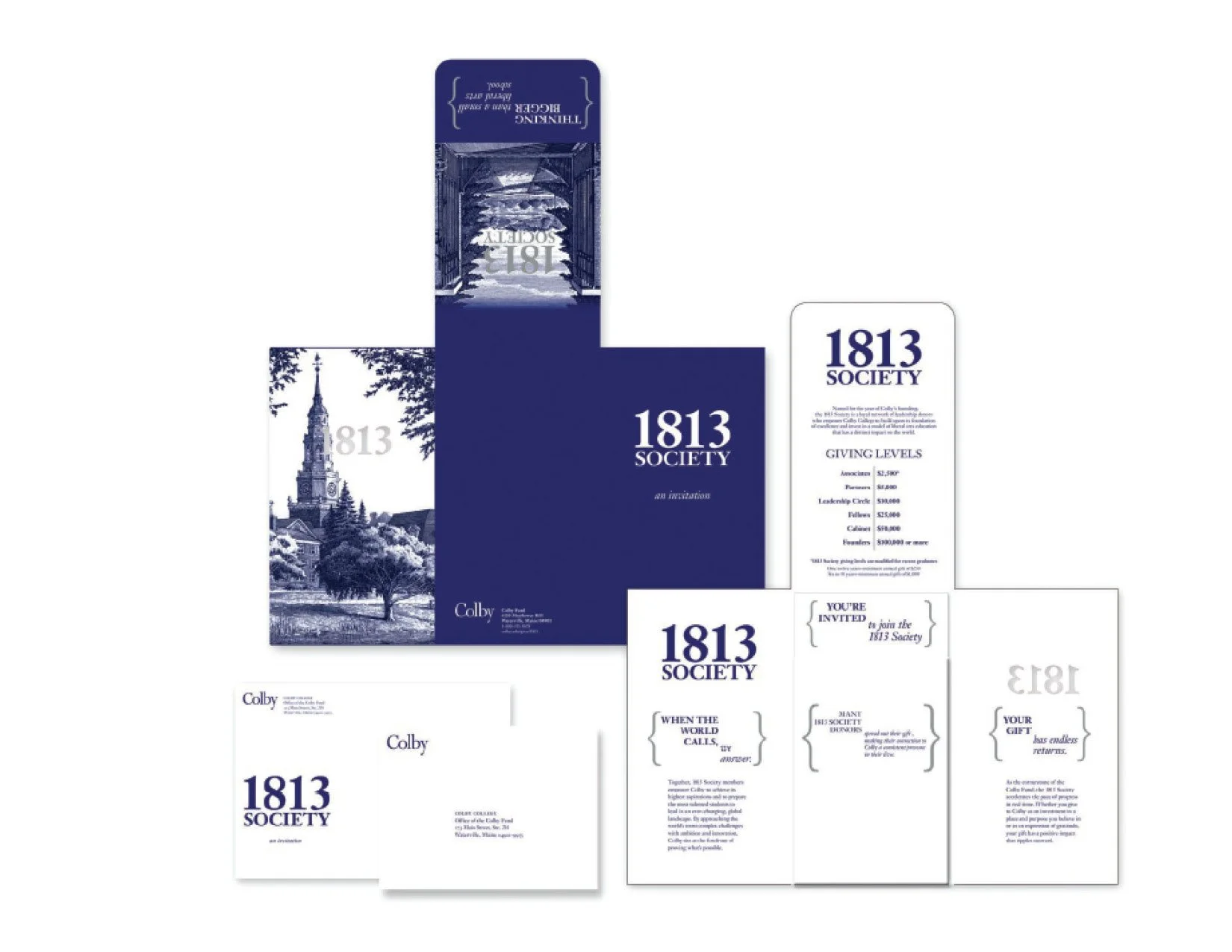Collection of printed materials for the 1813 Society, including an invitation, informational cards, and donation levels, featuring blue and white color scheme and images of a church steeple and a covered bridge.