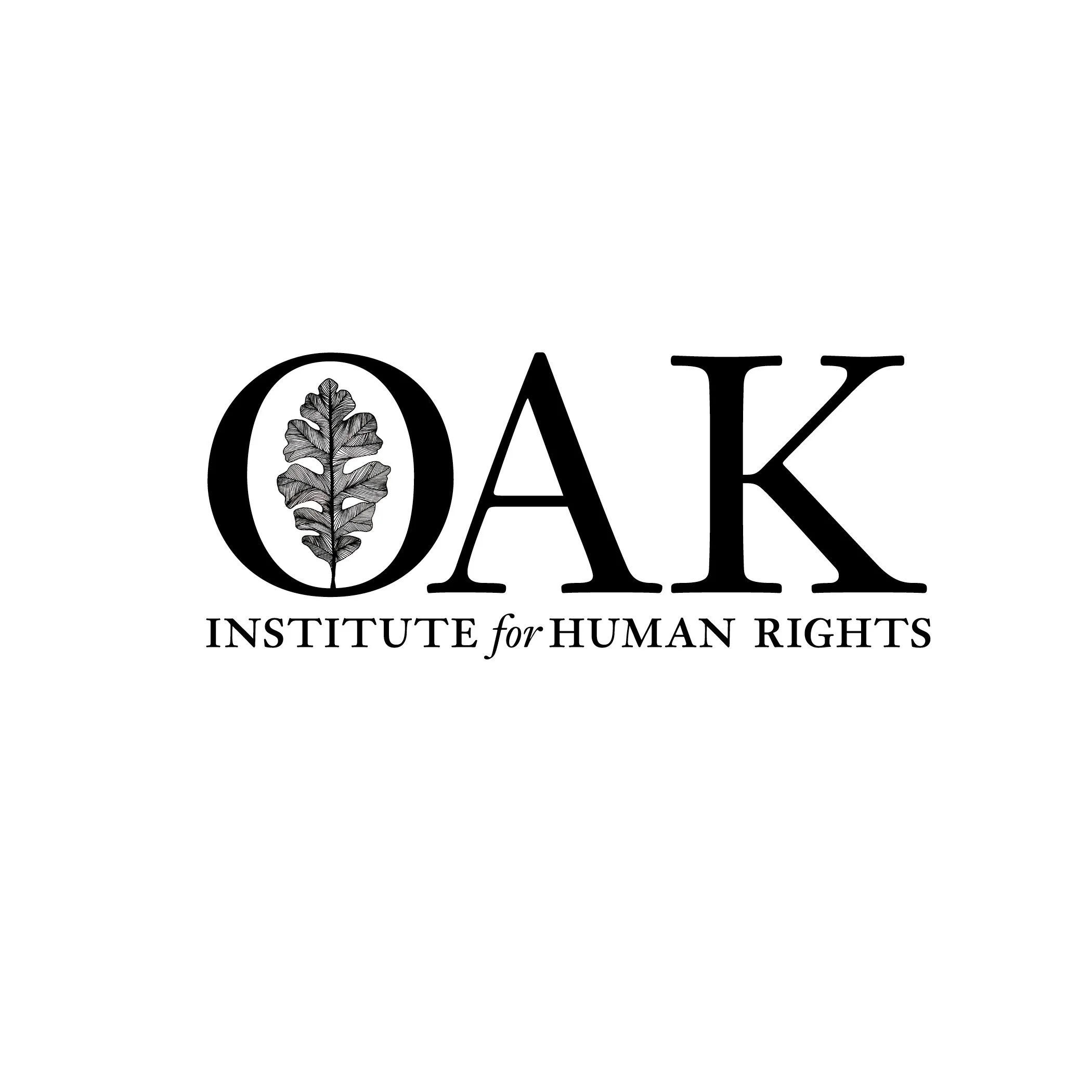 Logo for OAK Institute for Human Rights featuring a stylized letter O with an oak leaf inside, and the words "OAK INSTITUTE for HUMAN RIGHTS" in black text.