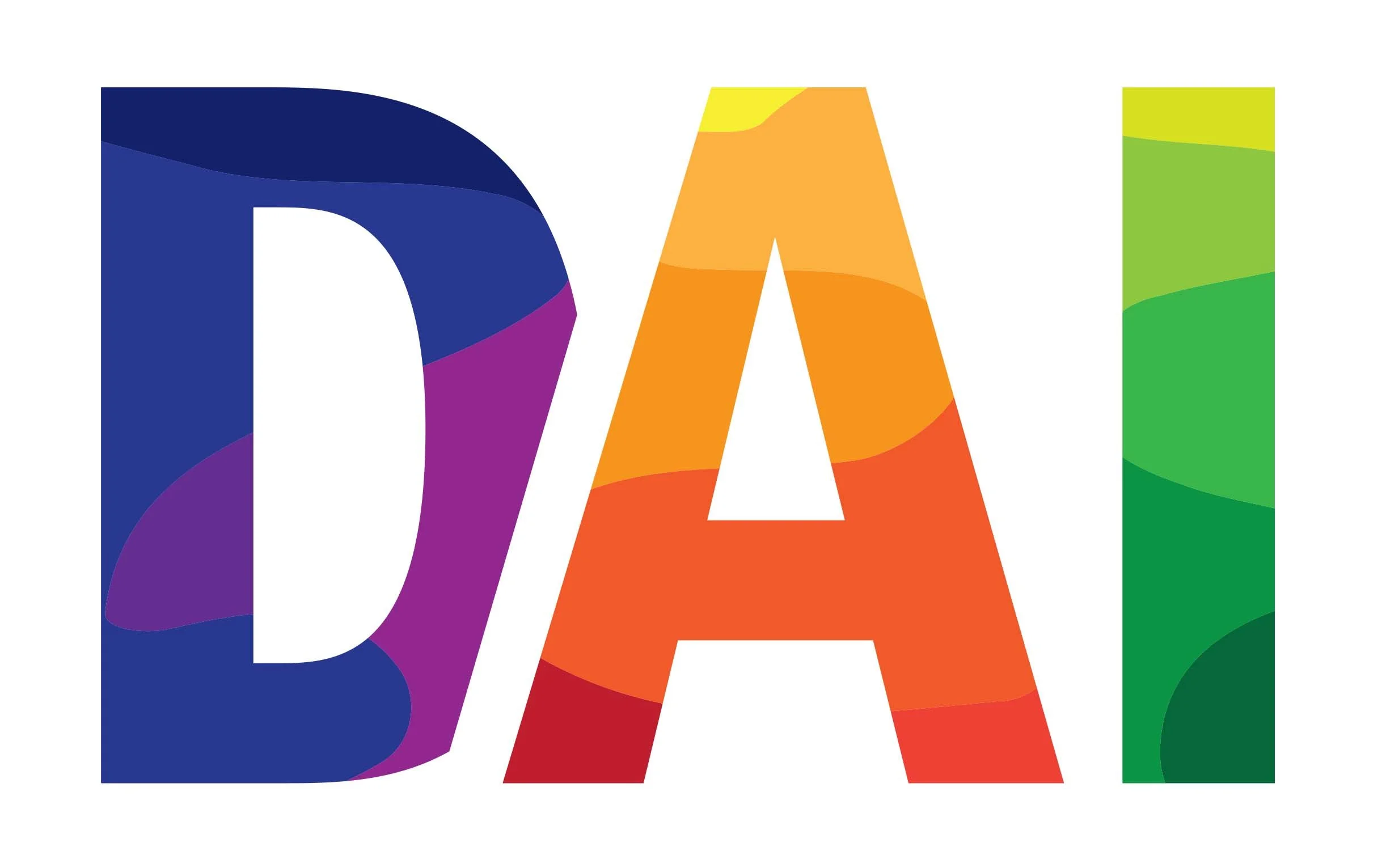 Colorful letters spelling DAI with each letter filled with a rainbow gradient pattern.