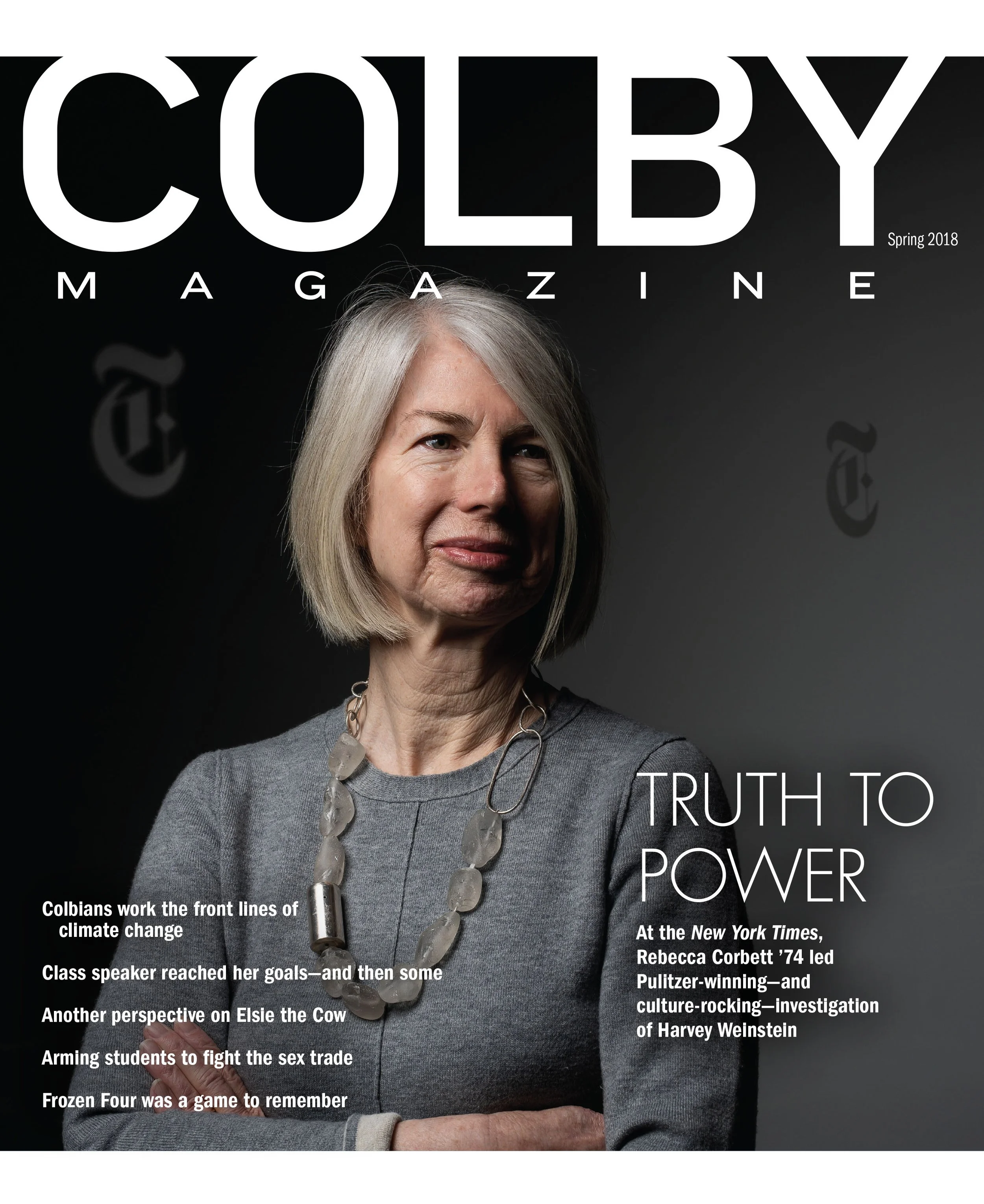 Magazine cover with a portrait of a woman with shoulder-length gray hair, wearing a gray top and a chunky necklace. The cover features the text 'Colby Magazine, Spring 2018,' and headlines including 'Truth to Power' and topics related to climate chan